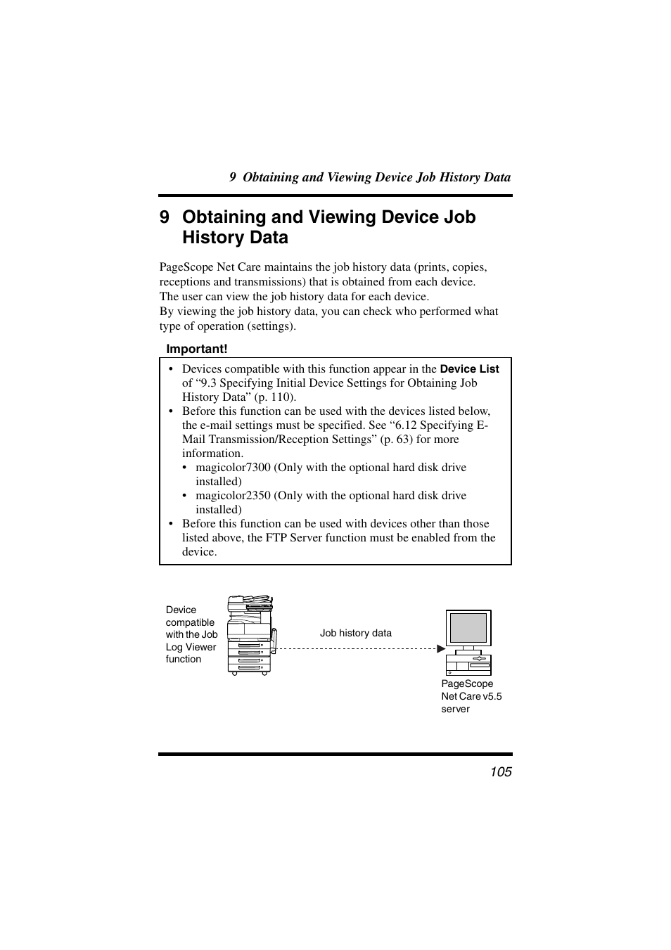9 obtaining and viewing device job history data, 9 obtaining and viewing device job history, Data | Konica Minolta PageScope Net Care User Manual | Page 116 / 145