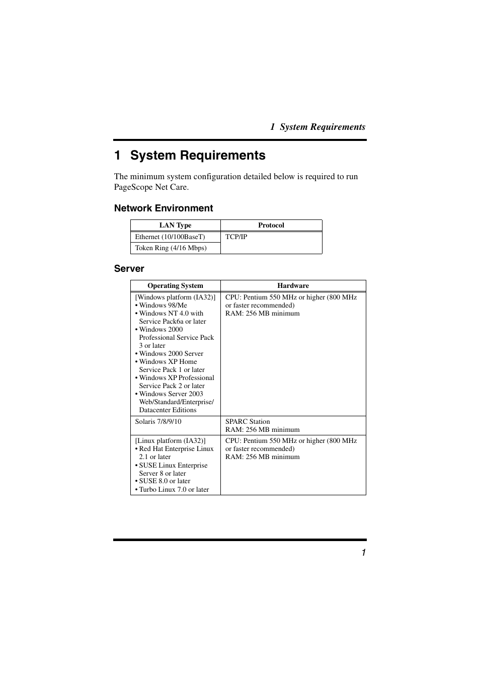 1 system requirements, Network environment, Server | 1 system requirements 1, Network environment server | Konica Minolta PageScope Net Care User Manual | Page 12 / 145