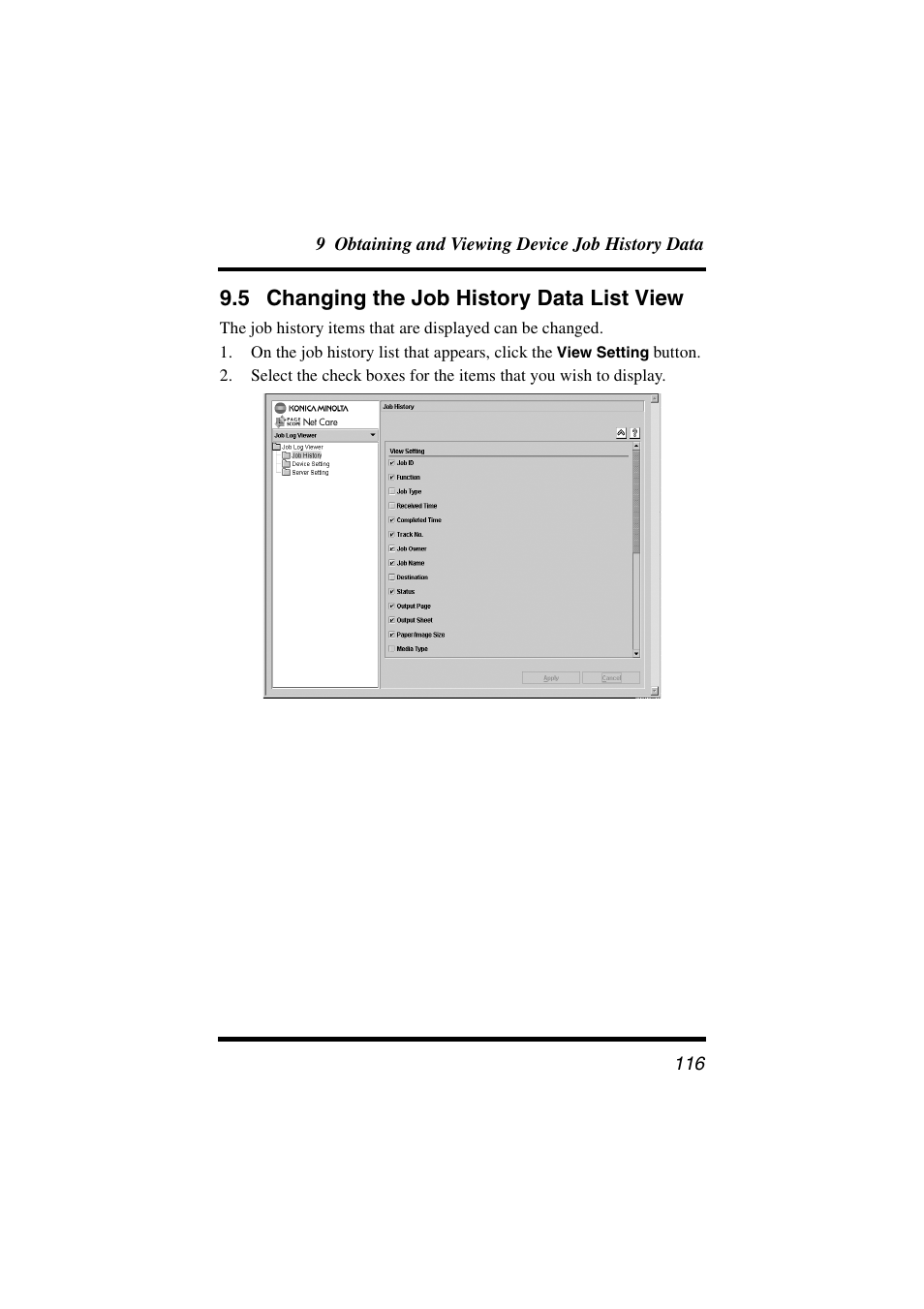 5 changing the job history data list view, Changing the job history data list view | Konica Minolta PageScope Net Care User Manual | Page 127 / 145