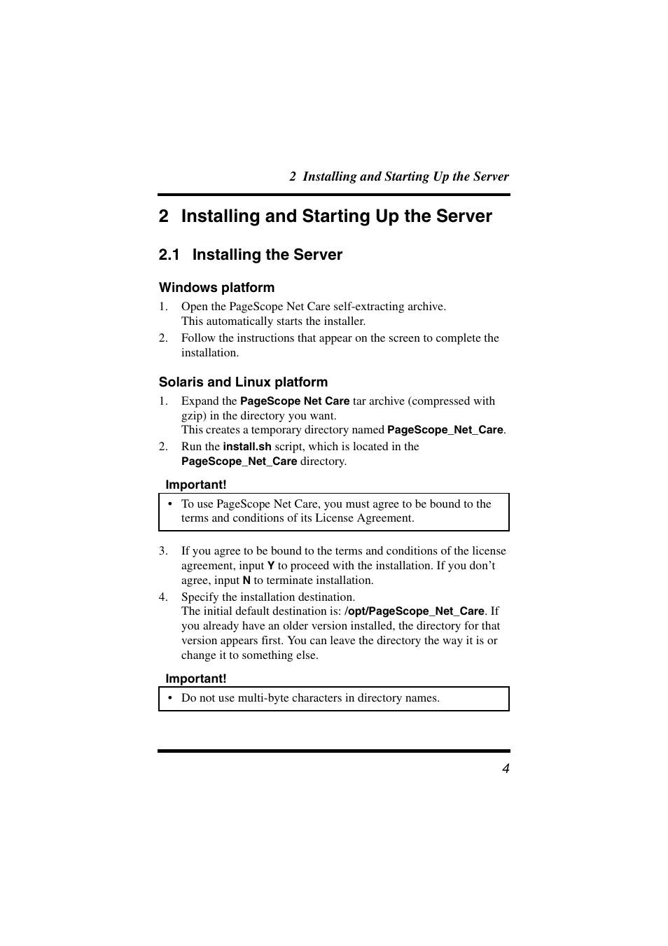 2 installing and starting up the server, 1 installing the server, Windows platform | Solaris and linux platform, Installing the server | Konica Minolta PageScope Net Care User Manual | Page 15 / 145