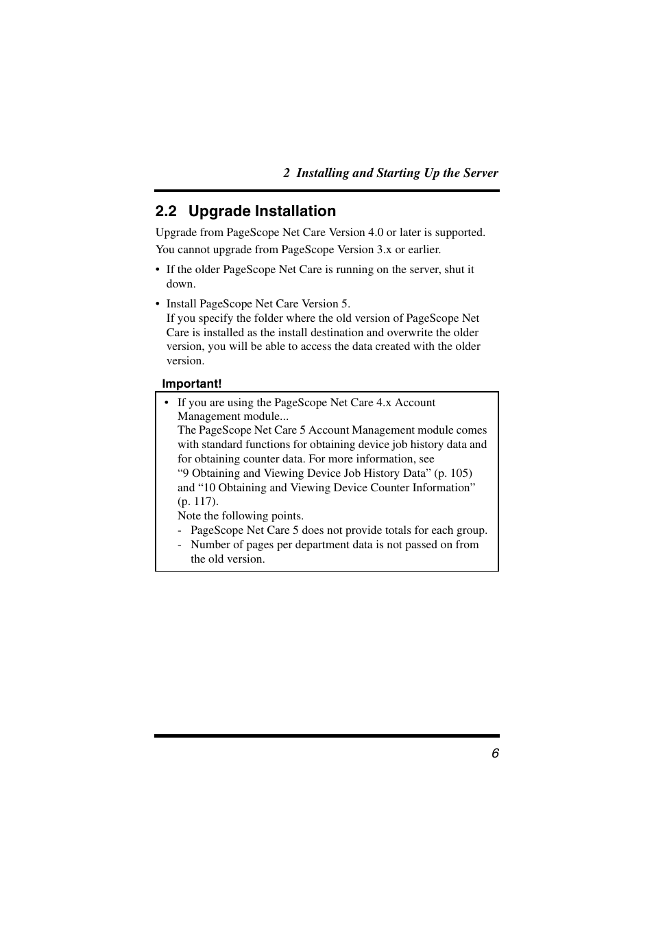 2 upgrade installation, Upgrade installation | Konica Minolta PageScope Net Care User Manual | Page 17 / 145