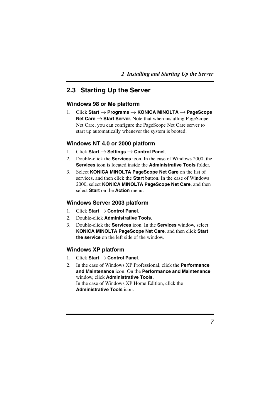 3 starting up the server, Windows 98 or me platform, Windows nt 4.0 or 2000 platform | Windows server 2003 platform, Windows xp platform, Starting up the server | Konica Minolta PageScope Net Care User Manual | Page 18 / 145