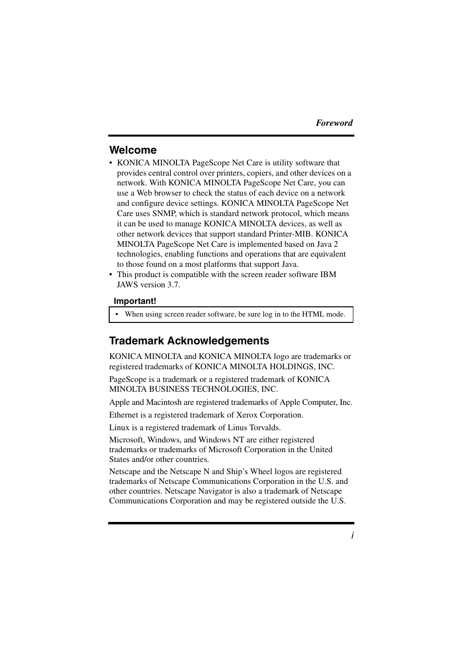 Welcome, Trademark acknowledgements | Konica Minolta PageScope Net Care User Manual | Page 2 / 145