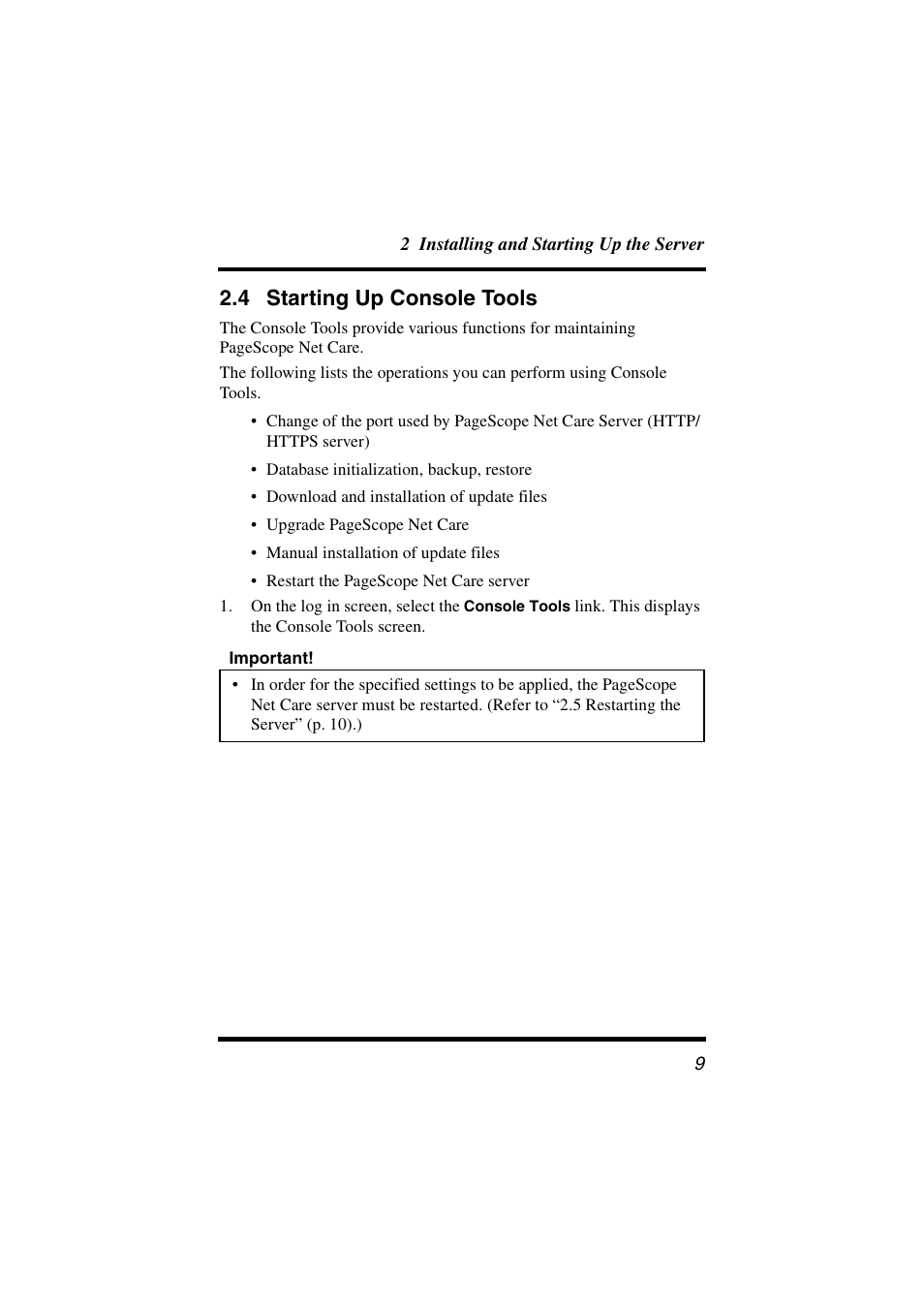 4 starting up console tools, Starting up console tools | Konica Minolta PageScope Net Care User Manual | Page 20 / 145
