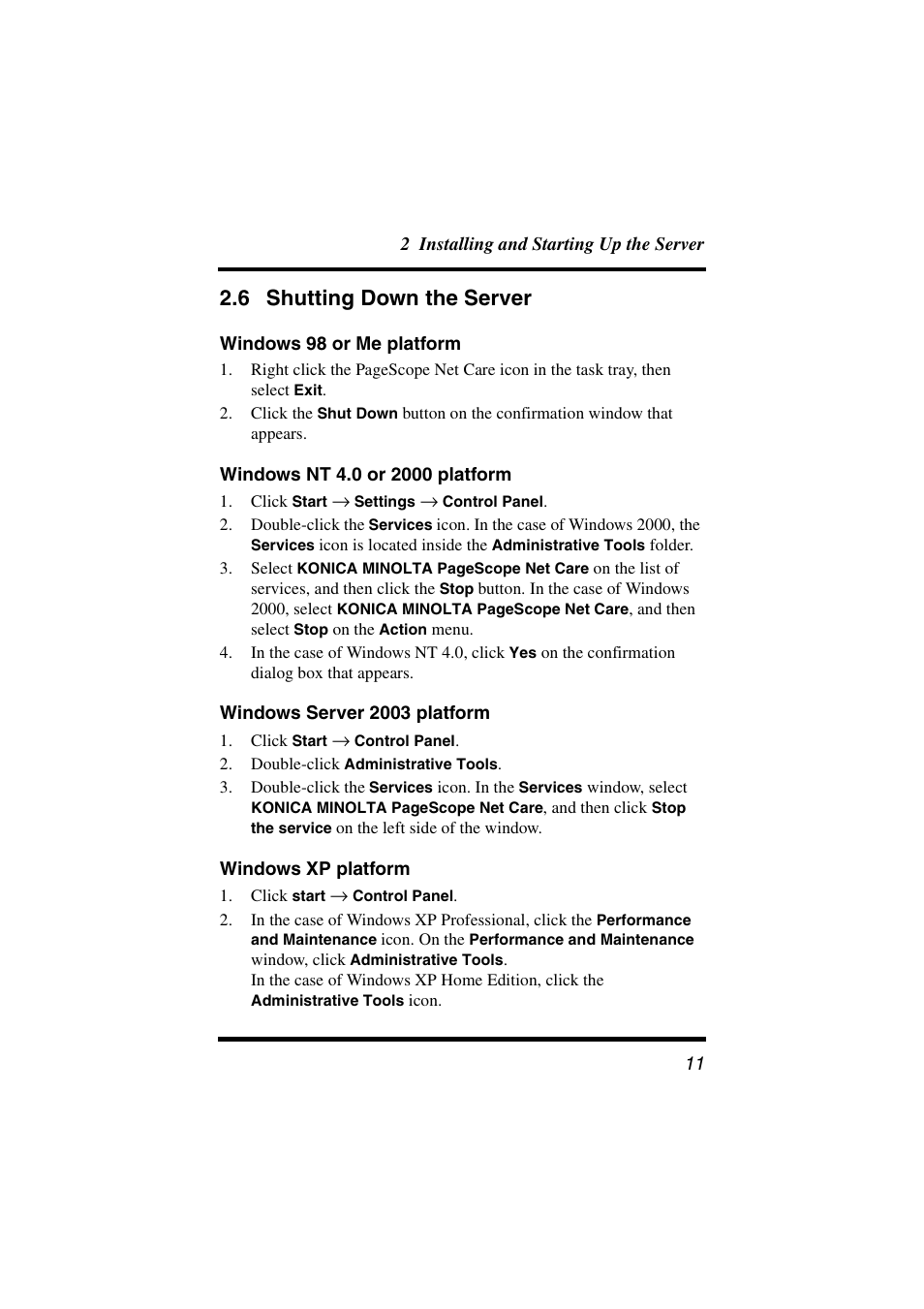 6 shutting down the server, Windows 98 or me platform, Windows nt 4.0 or 2000 platform | Windows server 2003 platform, Windows xp platform, Shutting down the server | Konica Minolta PageScope Net Care User Manual | Page 22 / 145