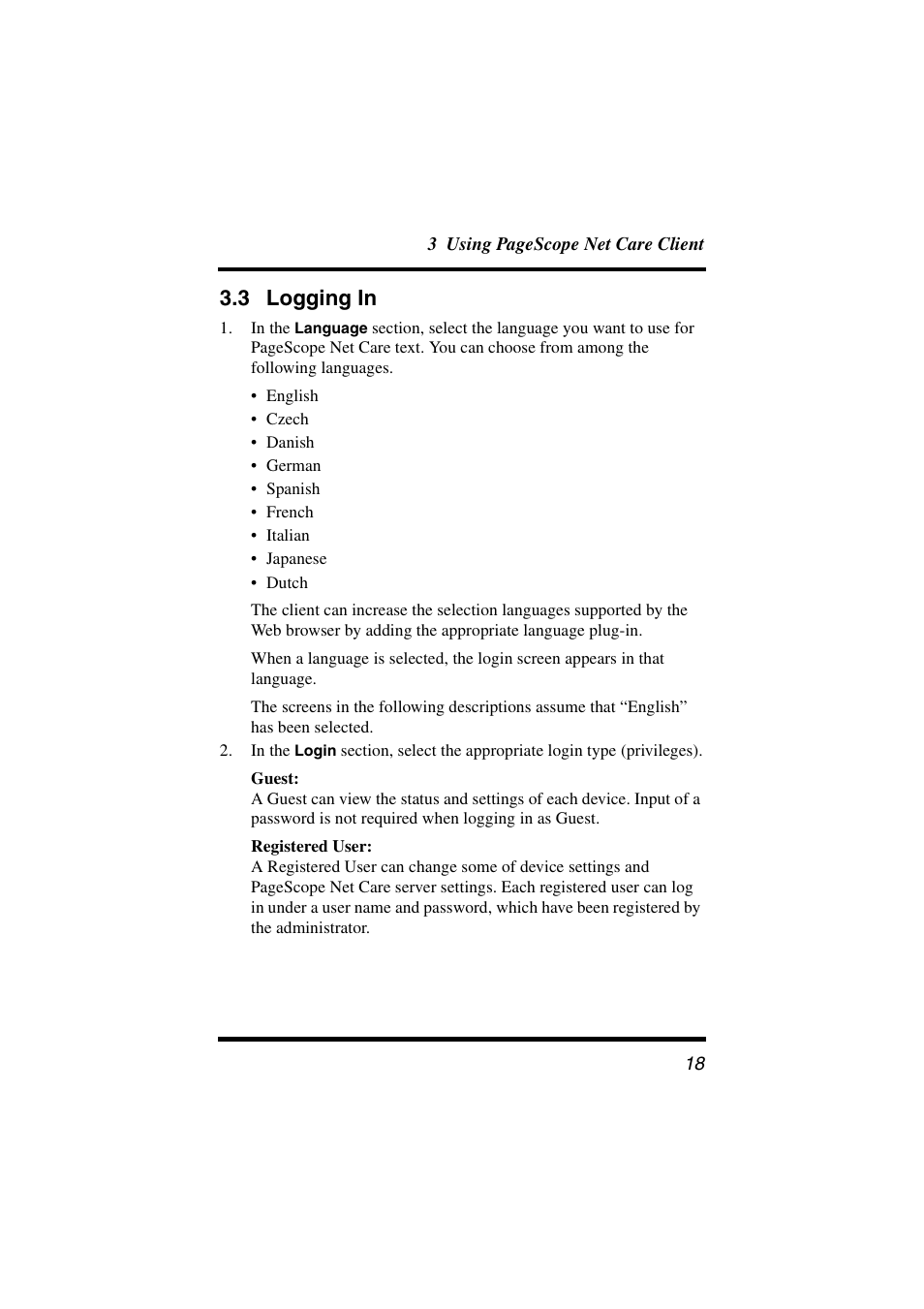 3 logging in, Logging in | Konica Minolta PageScope Net Care User Manual | Page 29 / 145