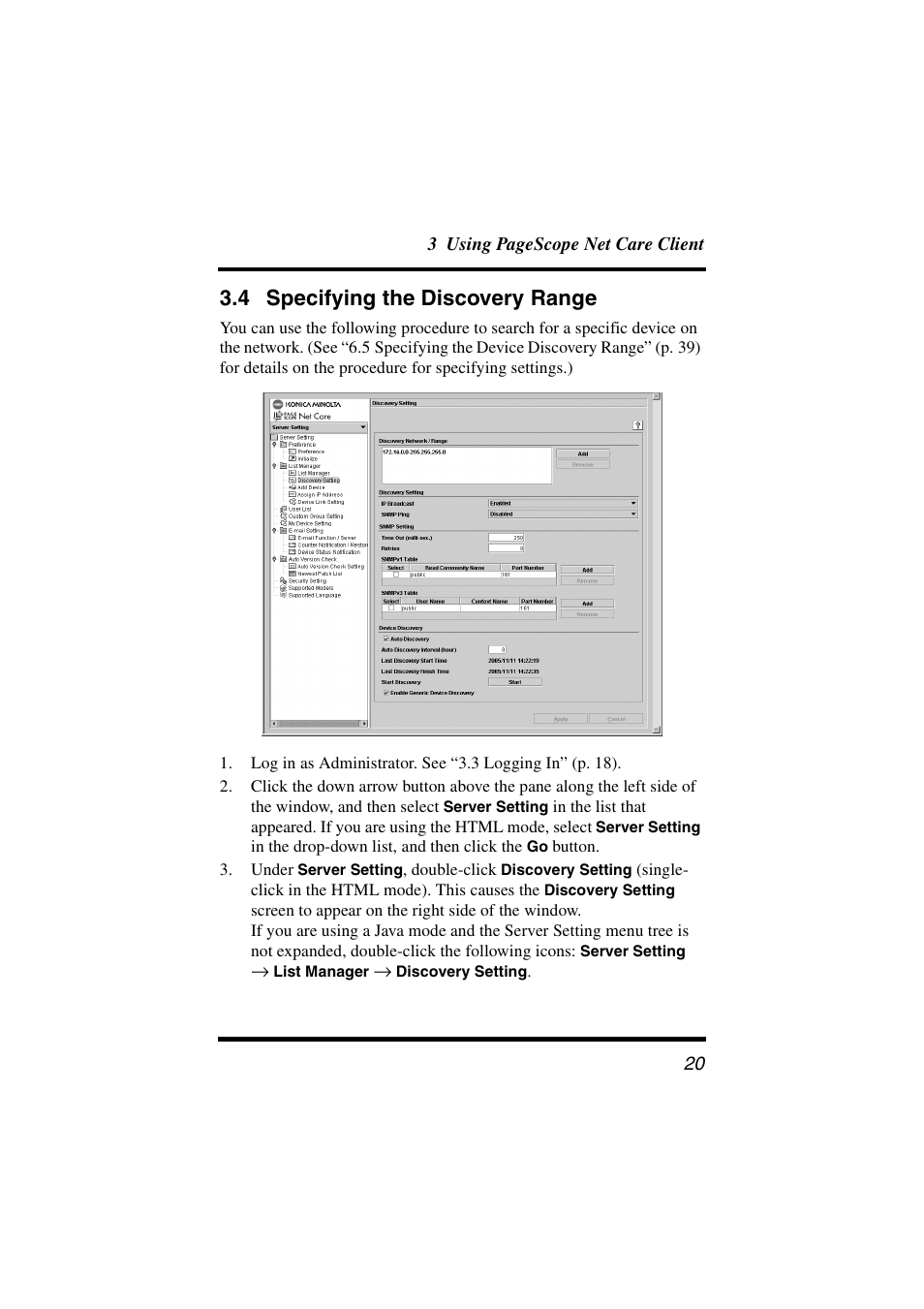 4 specifying the discovery range, Specifying the discovery range | Konica Minolta PageScope Net Care User Manual | Page 31 / 145