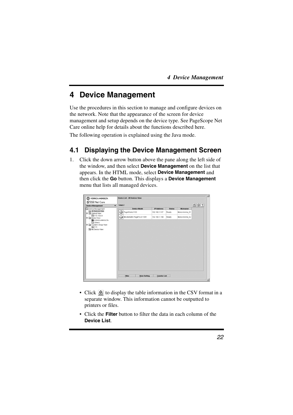 4 device management, 1 displaying the device management screen, Displaying the device management screen | Konica Minolta PageScope Net Care User Manual | Page 33 / 145