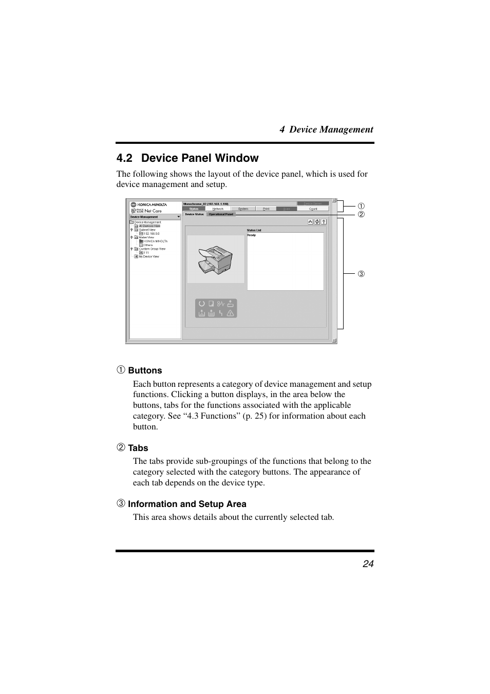 2 device panel window, Device panel window | Konica Minolta PageScope Net Care User Manual | Page 35 / 145