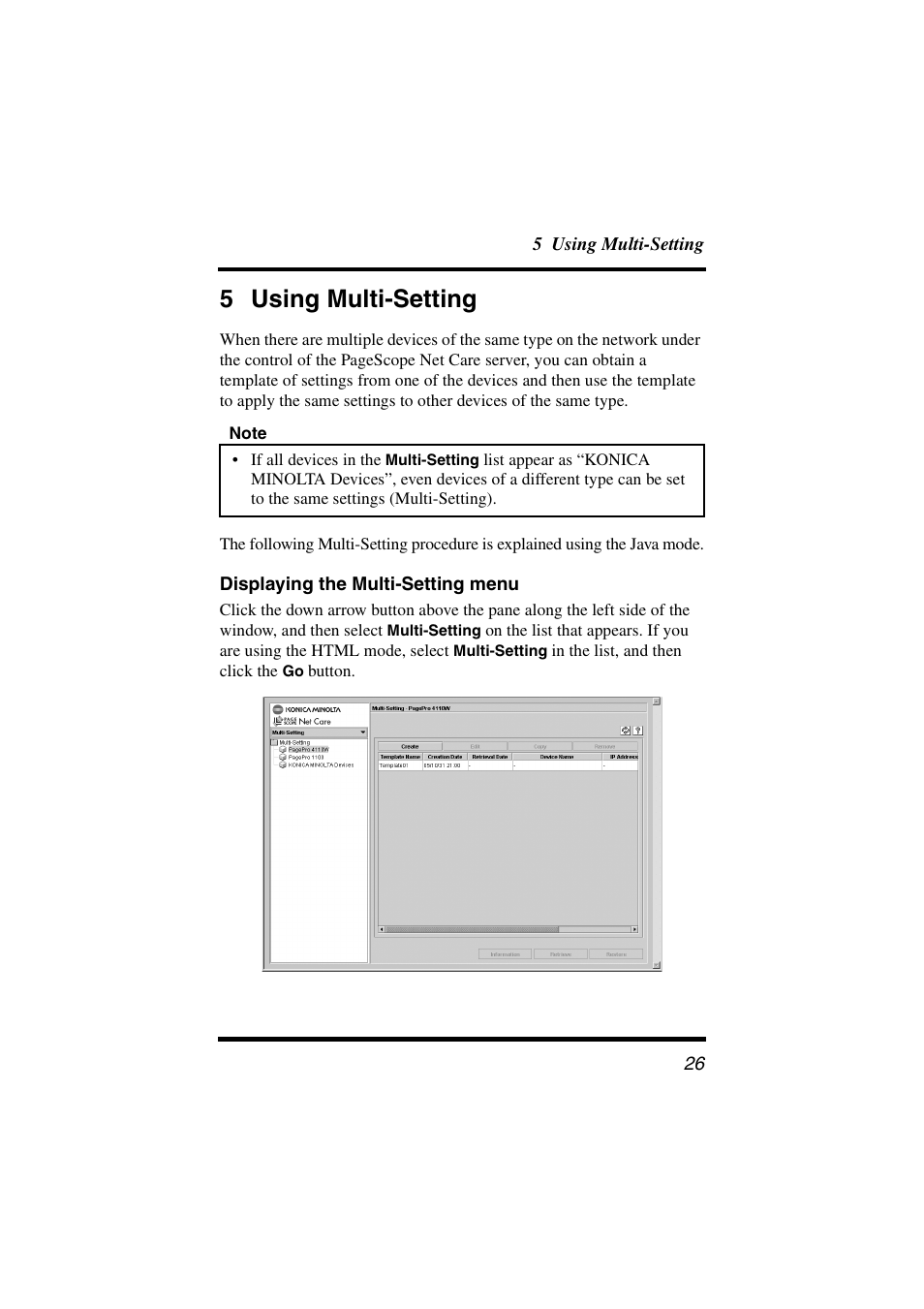 5 using multi-setting, Displaying the multi-setting menu | Konica Minolta PageScope Net Care User Manual | Page 37 / 145