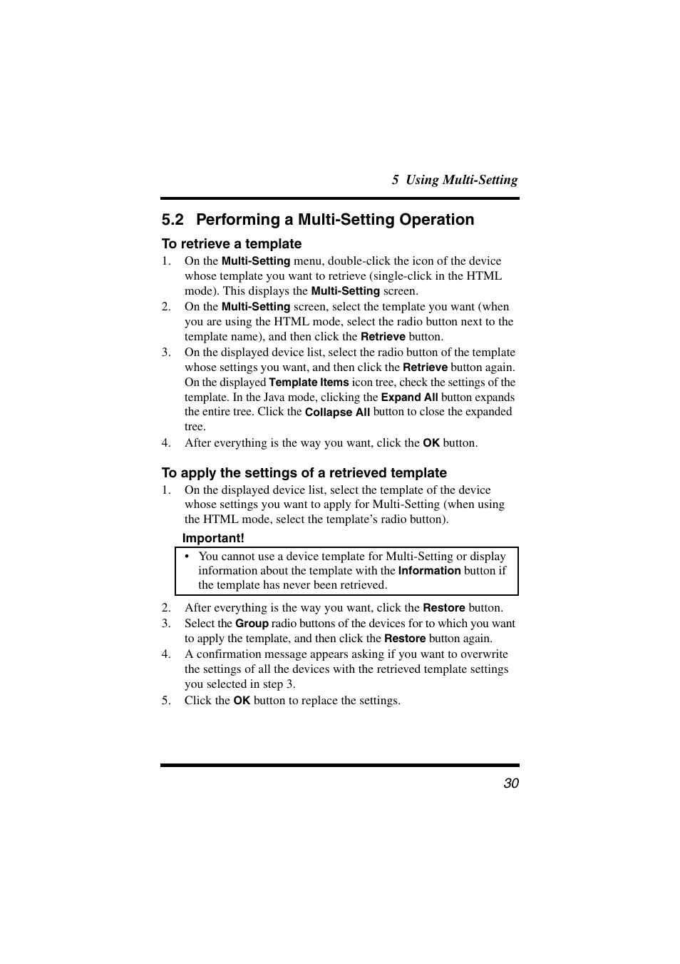 2 performing a multi-setting operation, To retrieve a template, To apply the settings of a retrieved template | Performing a multi-setting operation | Konica Minolta PageScope Net Care User Manual | Page 41 / 145