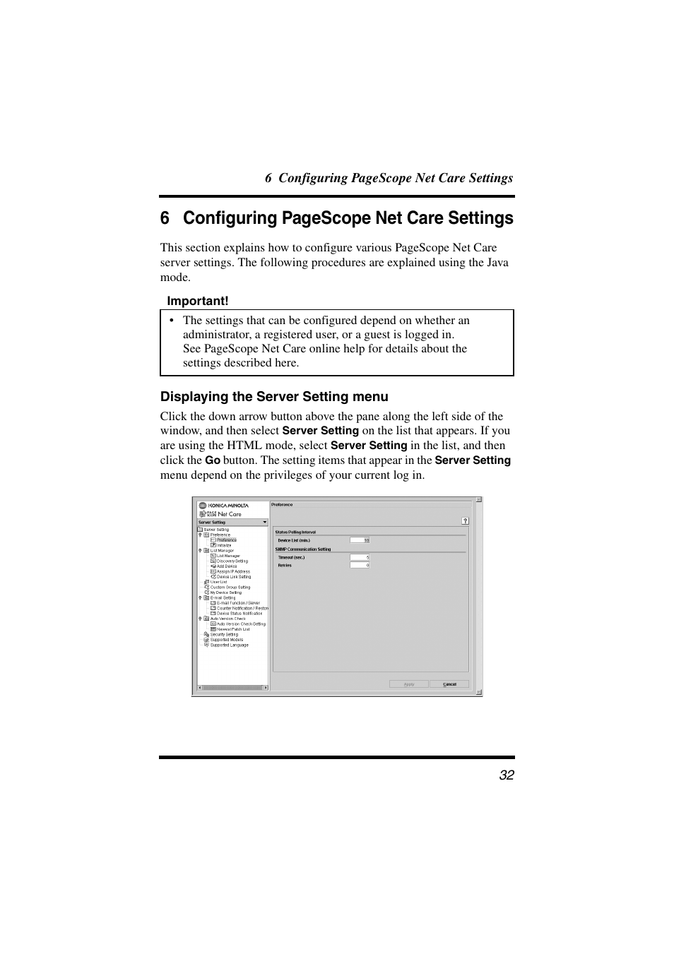 Displaying the server setting menu, Settings, 6 configuring pagescope net care settings | Konica Minolta PageScope Net Care User Manual | Page 43 / 145