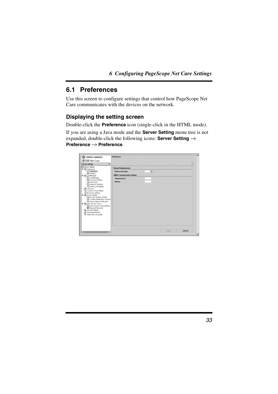 1 preferences, Displaying the setting screen, Preferences | Konica Minolta PageScope Net Care User Manual | Page 44 / 145