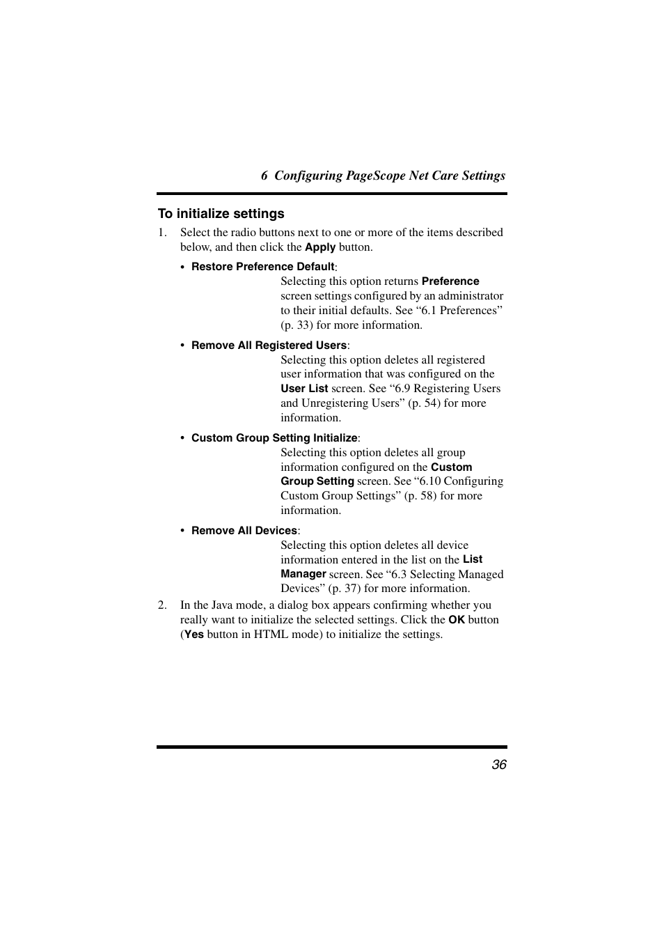 To initialize settings | Konica Minolta PageScope Net Care User Manual | Page 47 / 145