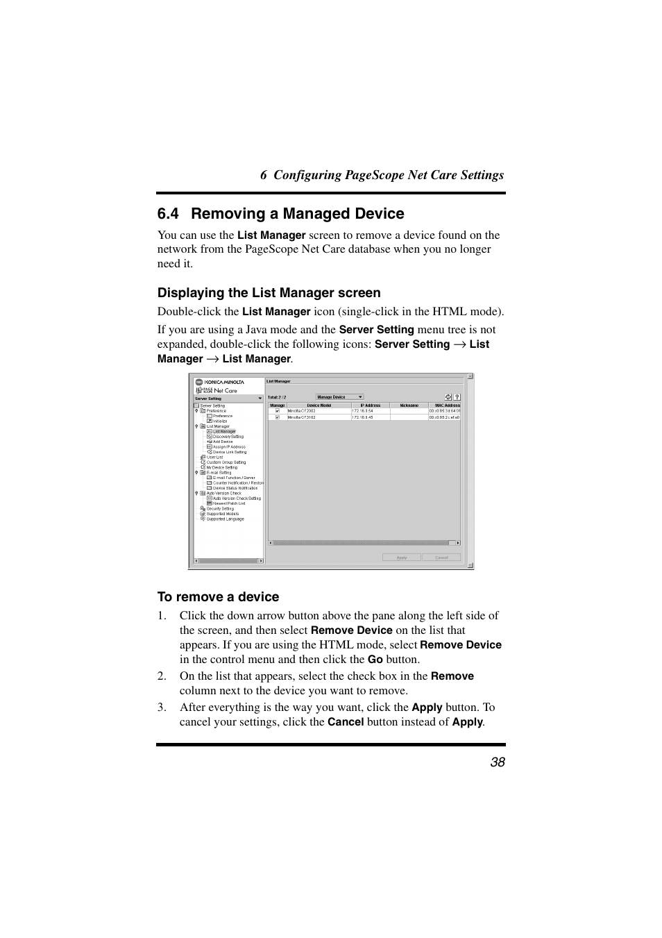 4 removing a managed device, Displaying the list manager screen, To remove a device | Removing a managed device | Konica Minolta PageScope Net Care User Manual | Page 49 / 145