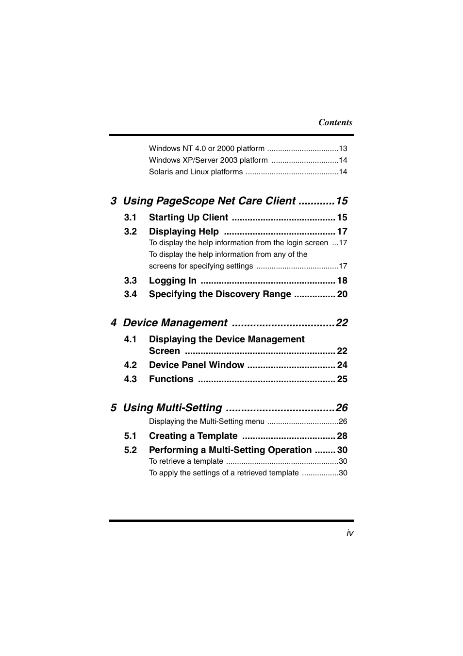 3 using pagescope net care client, 4 device management, 5 using multi-setting | Konica Minolta PageScope Net Care User Manual | Page 5 / 145