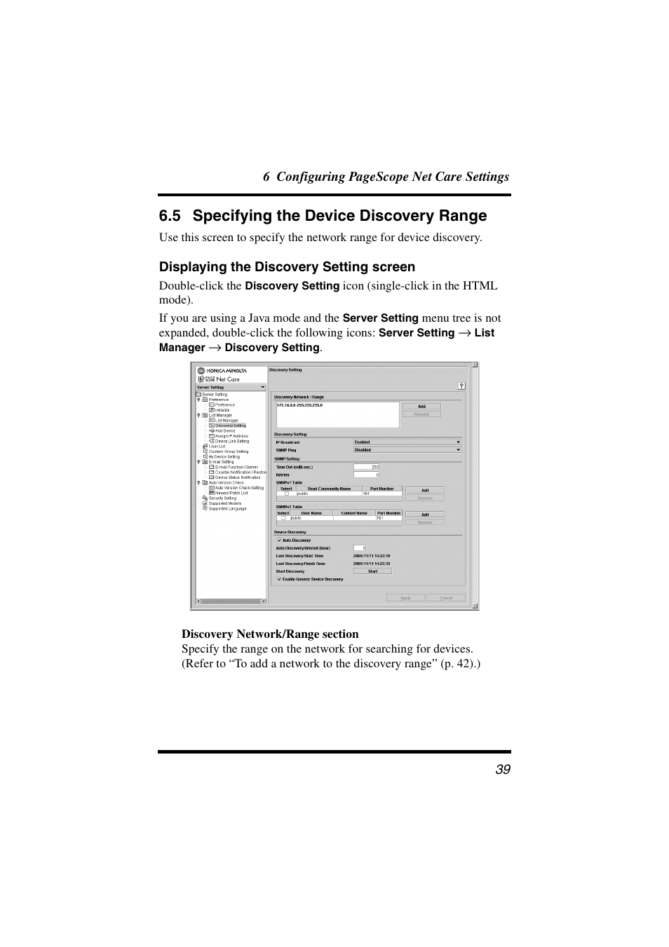 5 specifying the device discovery range, Displaying the discovery setting screen, Specifying the device discovery range | Konica Minolta PageScope Net Care User Manual | Page 50 / 145