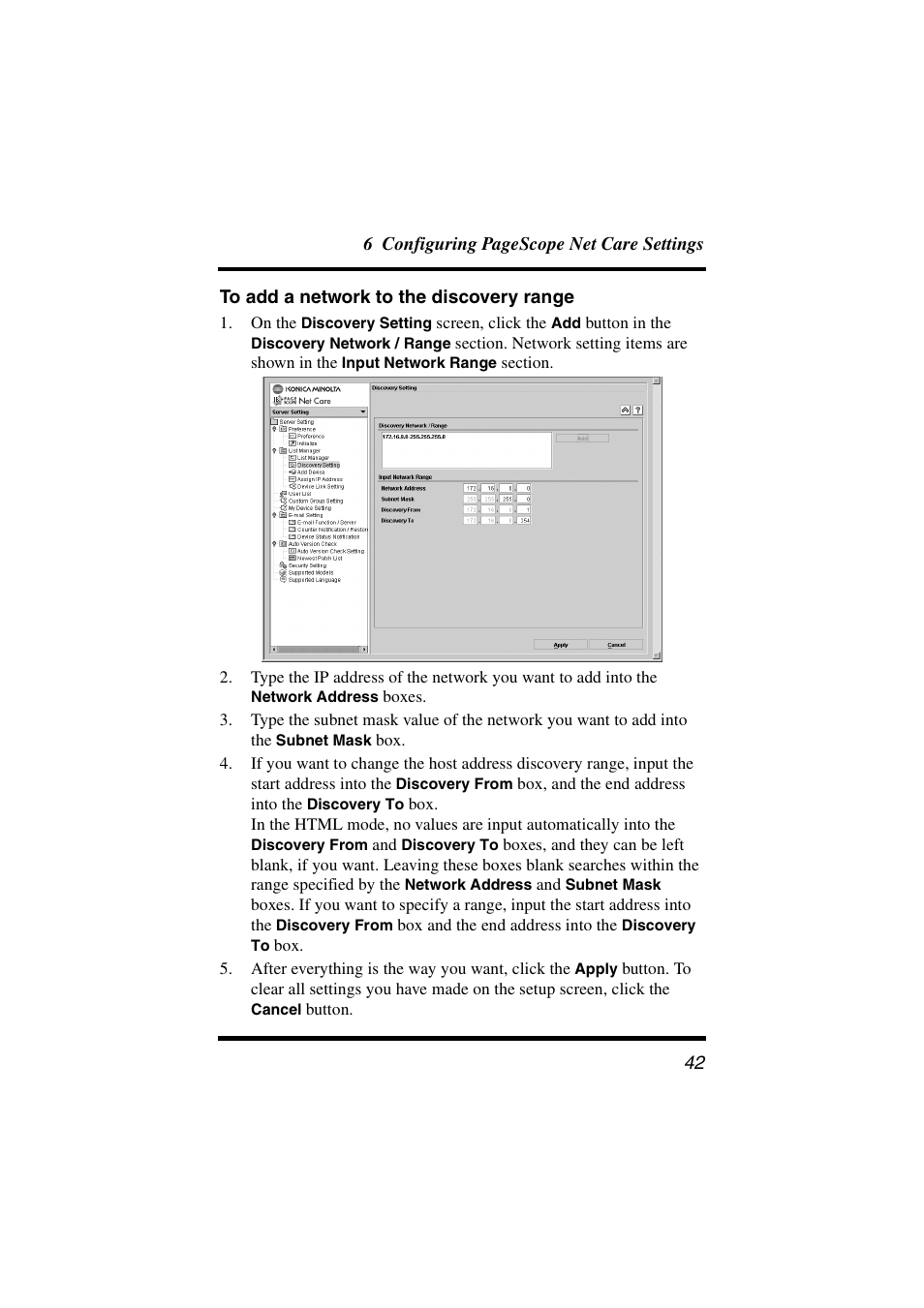 To add a network to the discovery range | Konica Minolta PageScope Net Care User Manual | Page 53 / 145