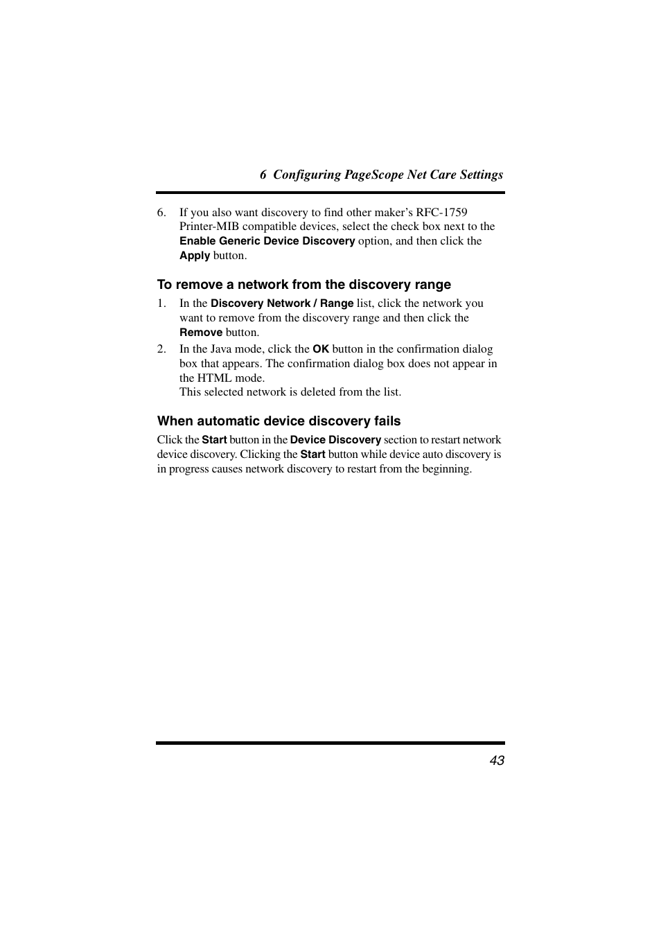 To remove a network from the discovery range, When automatic device discovery fails | Konica Minolta PageScope Net Care User Manual | Page 54 / 145