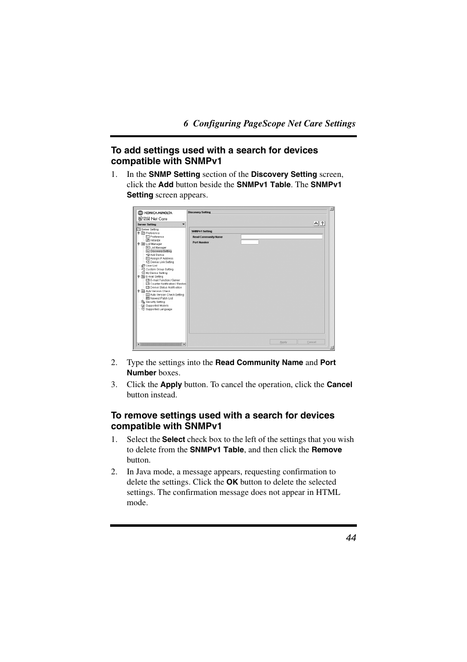 To add settings used with a search for devices, Compatible with snmpv1, To remove settings used with a search for devices | Konica Minolta PageScope Net Care User Manual | Page 55 / 145