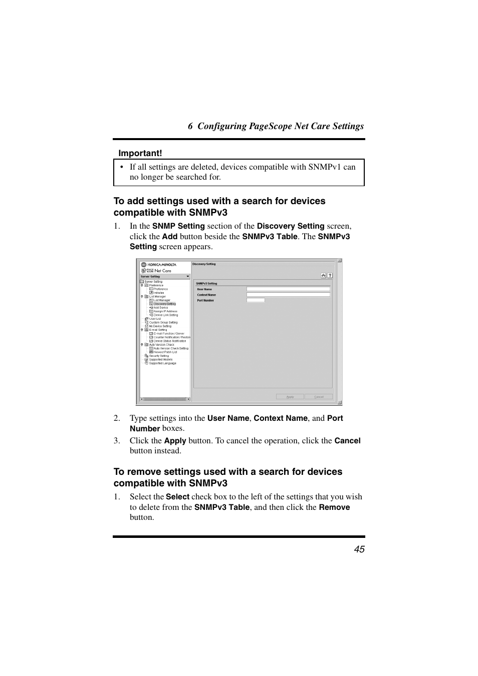 To add settings used with a search for devices, Compatible with snmpv3, To remove settings used with a search for devices | Konica Minolta PageScope Net Care User Manual | Page 56 / 145