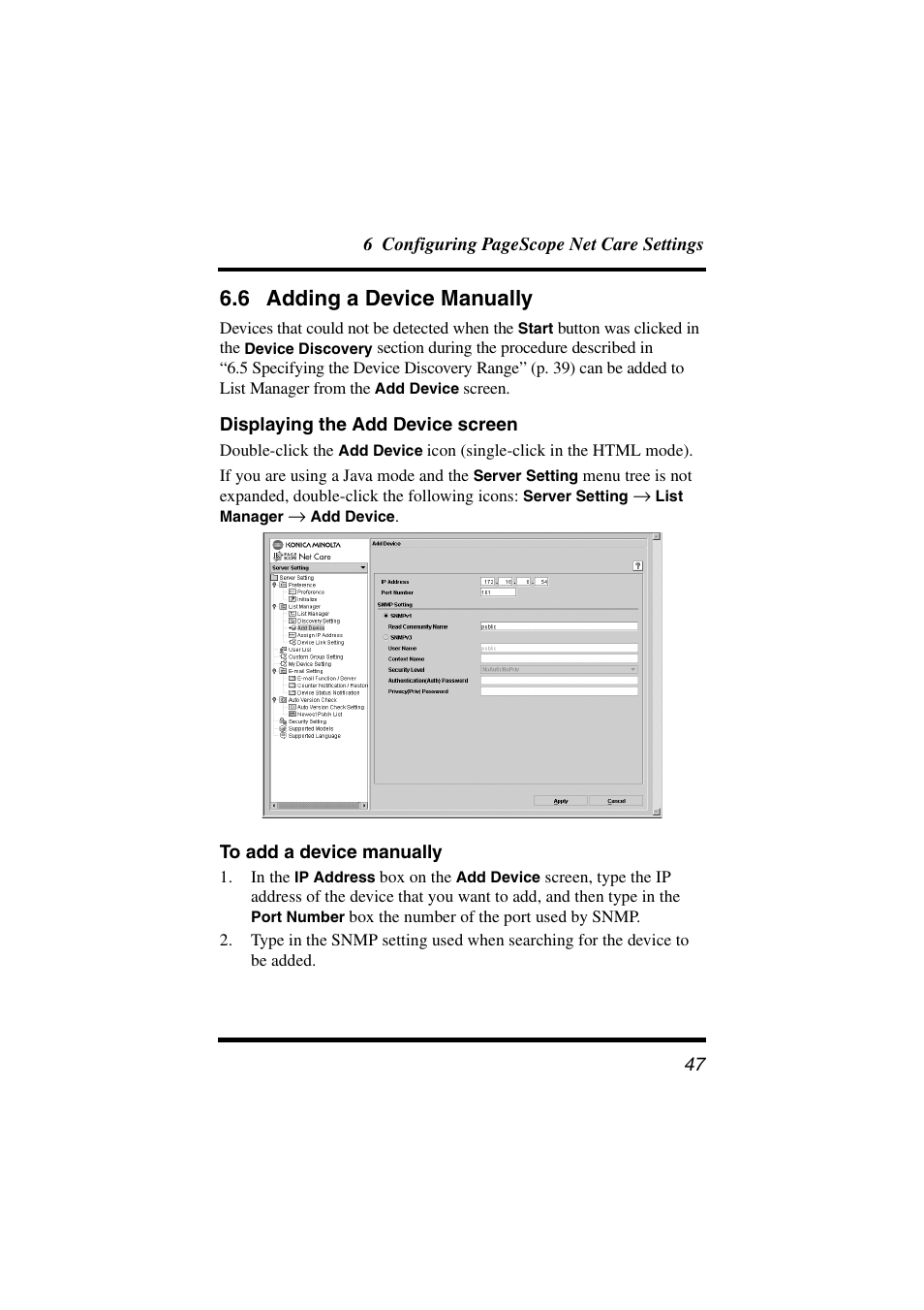 6 adding a device manually, Displaying the add device screen, To add a device manually | Adding a device manually | Konica Minolta PageScope Net Care User Manual | Page 58 / 145
