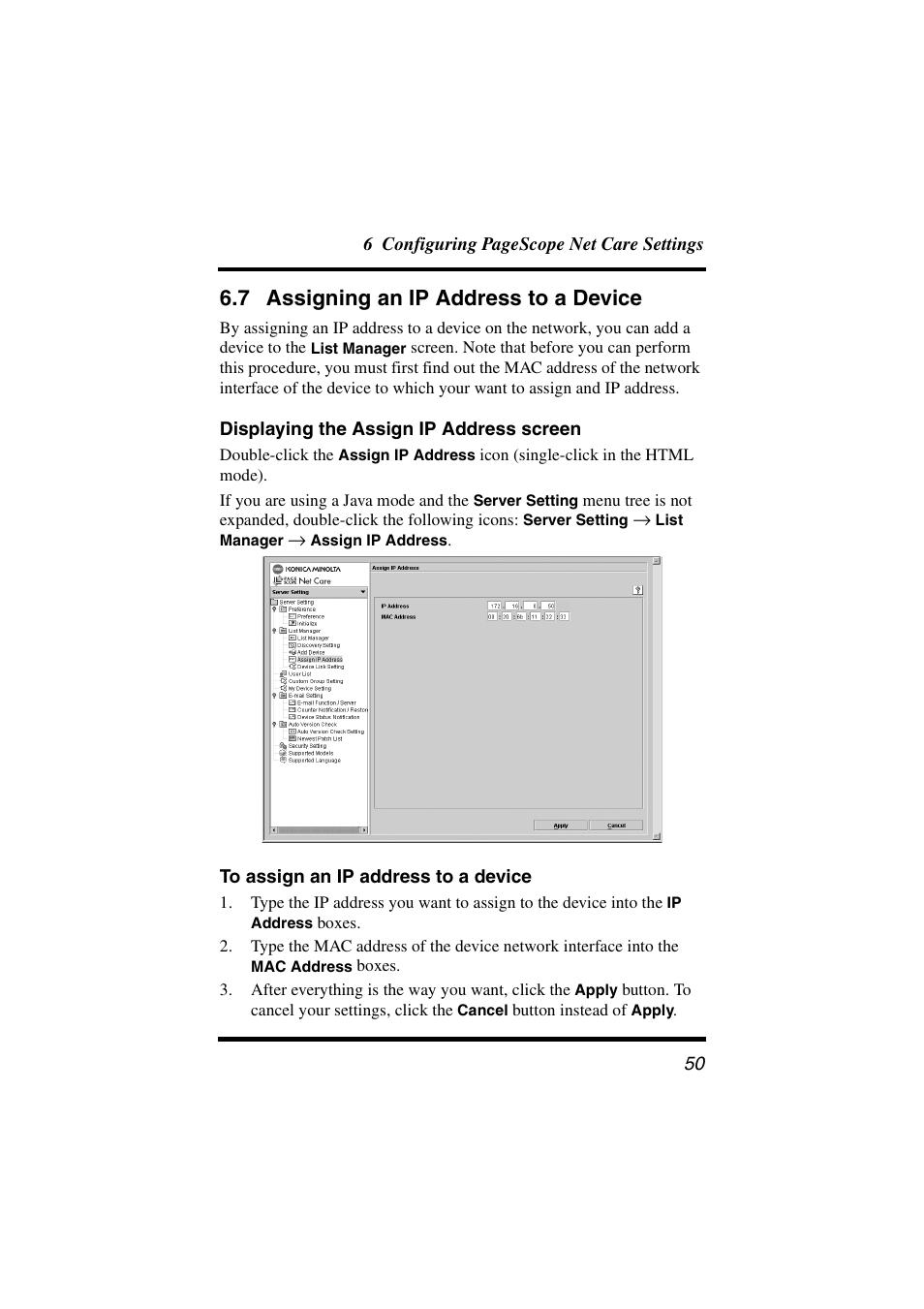 7 assigning an ip address to a device, Displaying the assign ip address screen, To assign an ip address to a device | Assigning an ip address to a device | Konica Minolta PageScope Net Care User Manual | Page 61 / 145