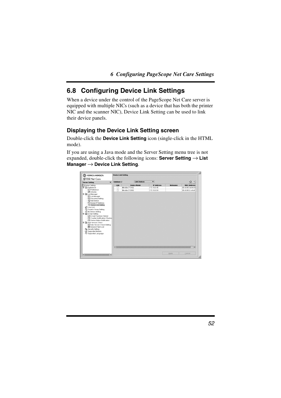 8 configuring device link settings, Displaying the device link setting screen, Configuring device link settings | Konica Minolta PageScope Net Care User Manual | Page 63 / 145