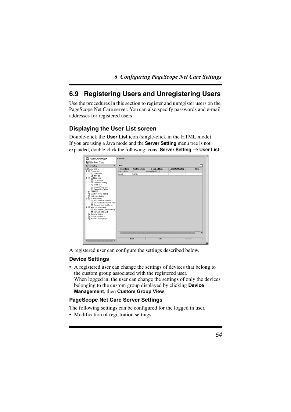 9 registering users and unregistering users, Displaying the user list screen, Registering users and unregistering users | 9 registering users, And unregistering users” (p. 54) for | Konica Minolta PageScope Net Care User Manual | Page 65 / 145