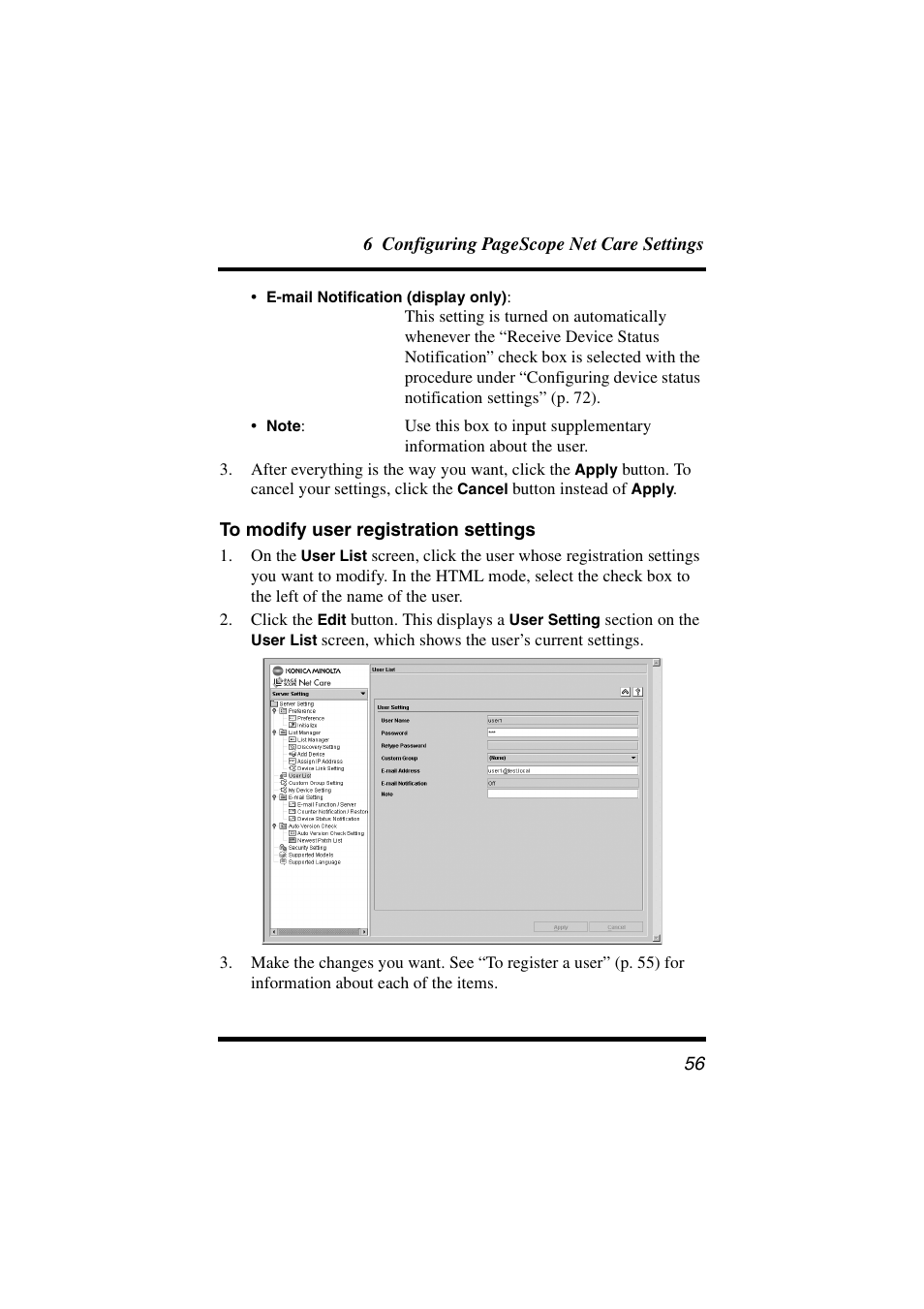 To modify user registration settings | Konica Minolta PageScope Net Care User Manual | Page 67 / 145