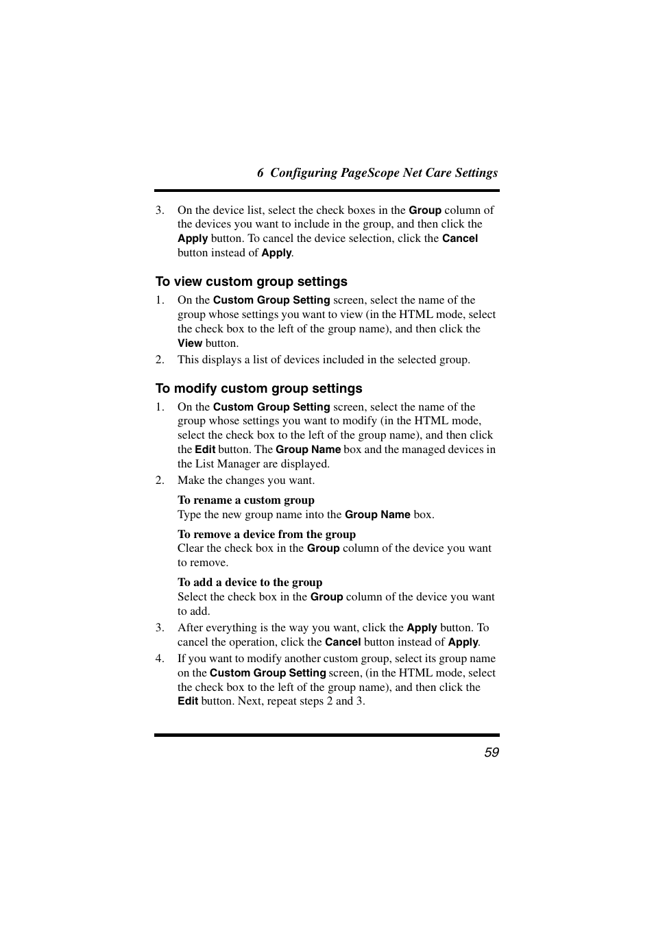 To view custom group settings, To modify custom group settings | Konica Minolta PageScope Net Care User Manual | Page 70 / 145