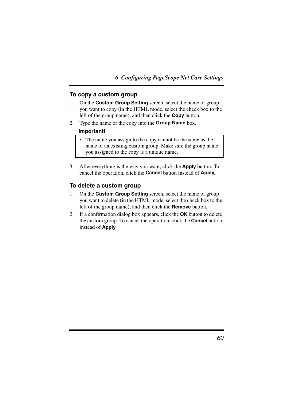 To copy a custom group, To delete a custom group | Konica Minolta PageScope Net Care User Manual | Page 71 / 145