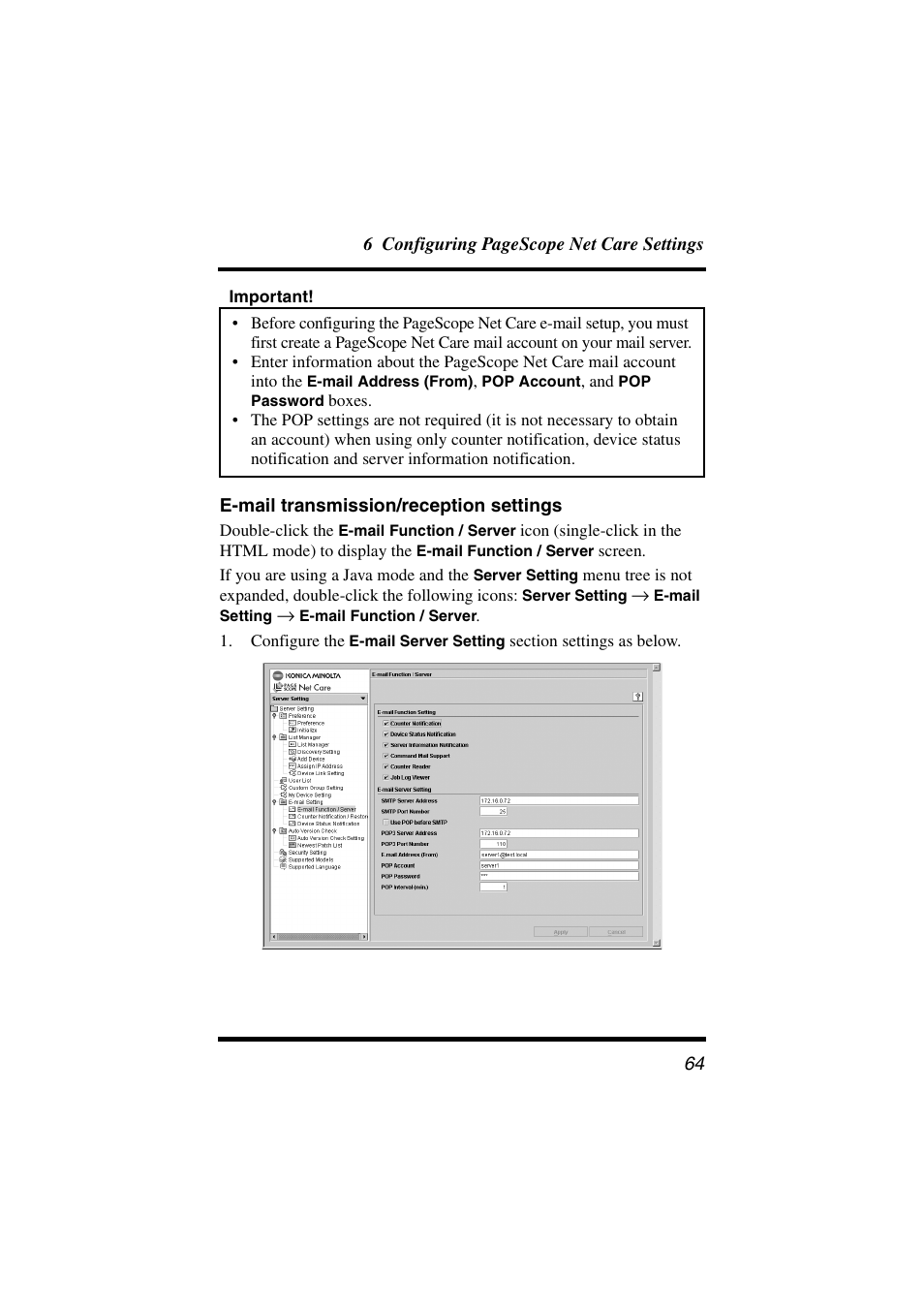 E-mail transmission/reception settings | Konica Minolta PageScope Net Care User Manual | Page 75 / 145