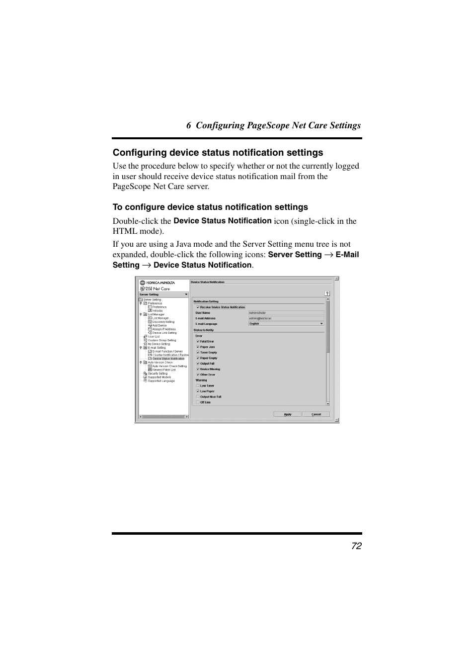 Configuring device status notification settings | Konica Minolta PageScope Net Care User Manual | Page 83 / 145