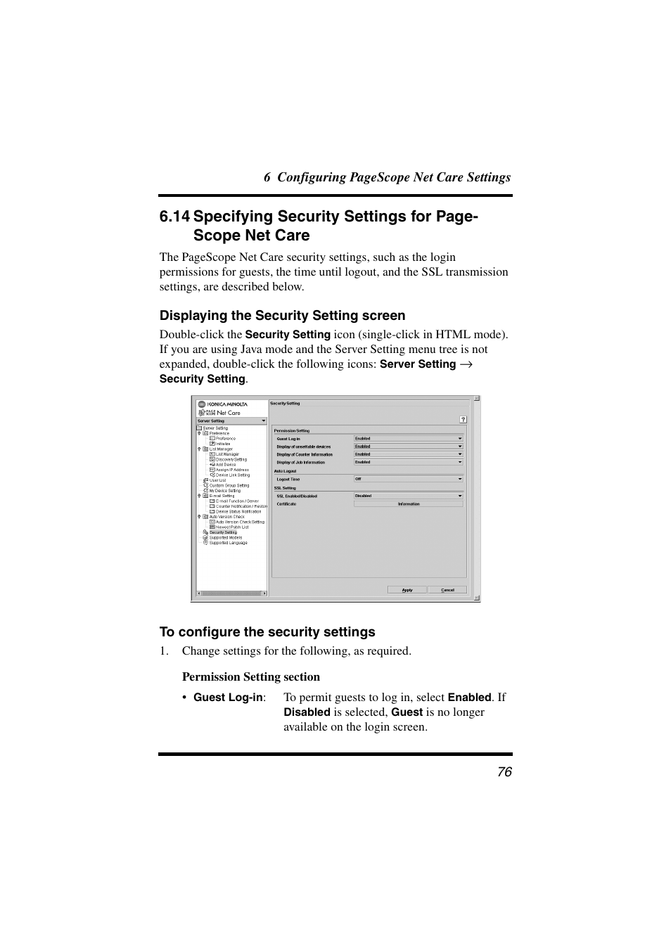 Displaying the security setting screen, To configure the security settings, Net care | Konica Minolta PageScope Net Care User Manual | Page 87 / 145