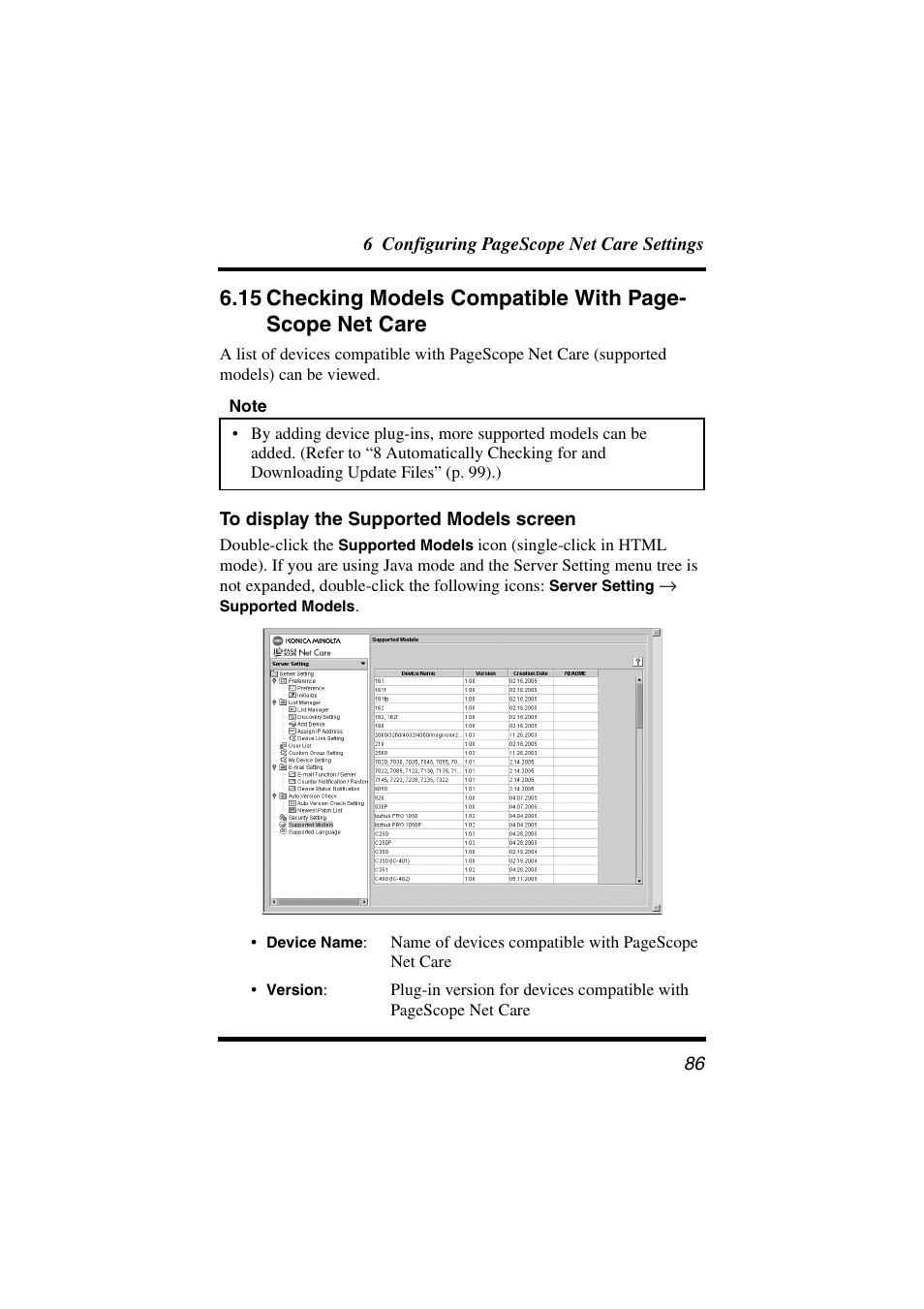 To display the supported models screen, 15 checking models compatible with | Konica Minolta PageScope Net Care User Manual | Page 97 / 145