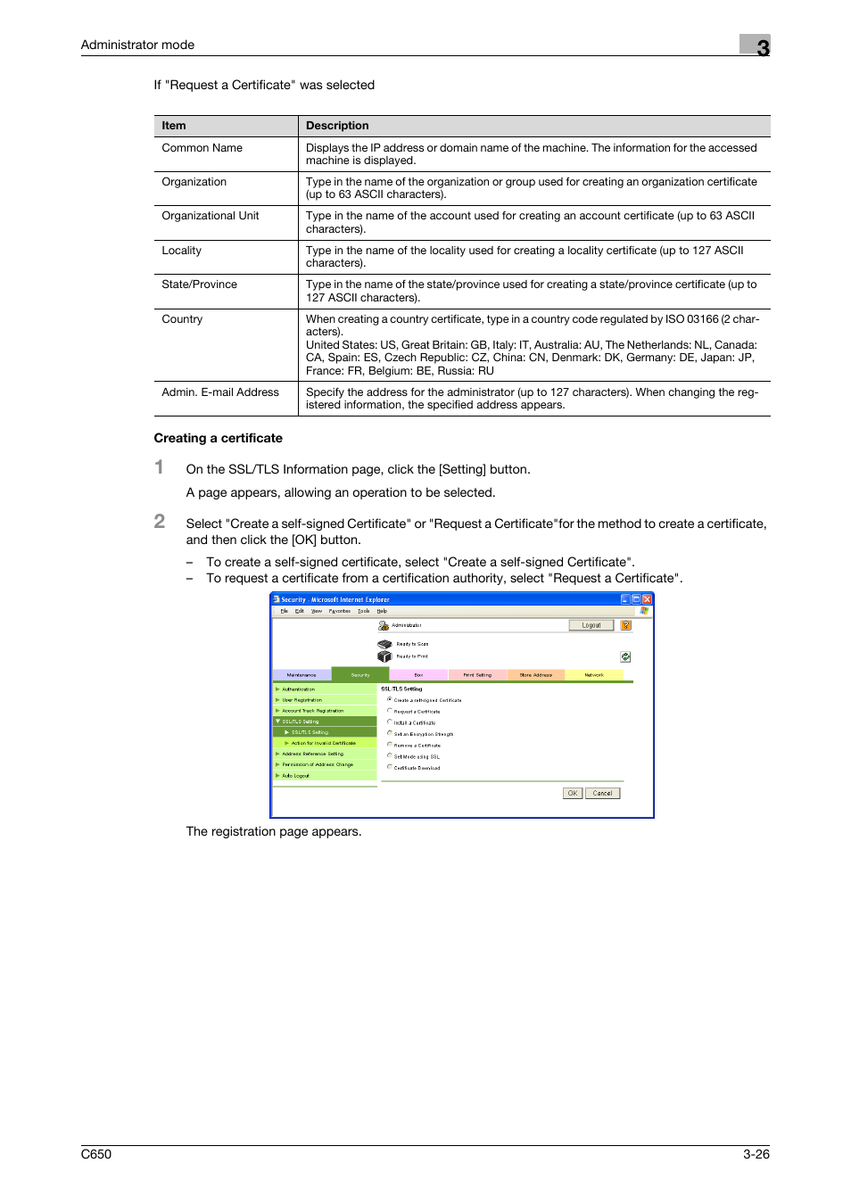 Creating a certificate, Creating a certificate -26 | Konica Minolta bizhub C650 User Manual | Page 100 / 165