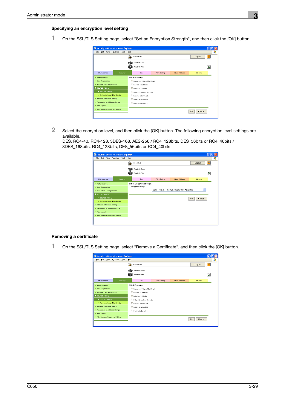 Specifying an encryption level setting, Removing a certificate | Konica Minolta bizhub C650 User Manual | Page 103 / 165