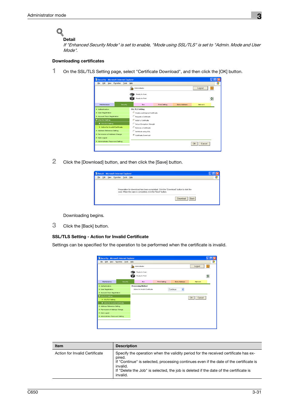 Downloading certificates, Ssl/tls setting - action for invalid certificate | Konica Minolta bizhub C650 User Manual | Page 105 / 165