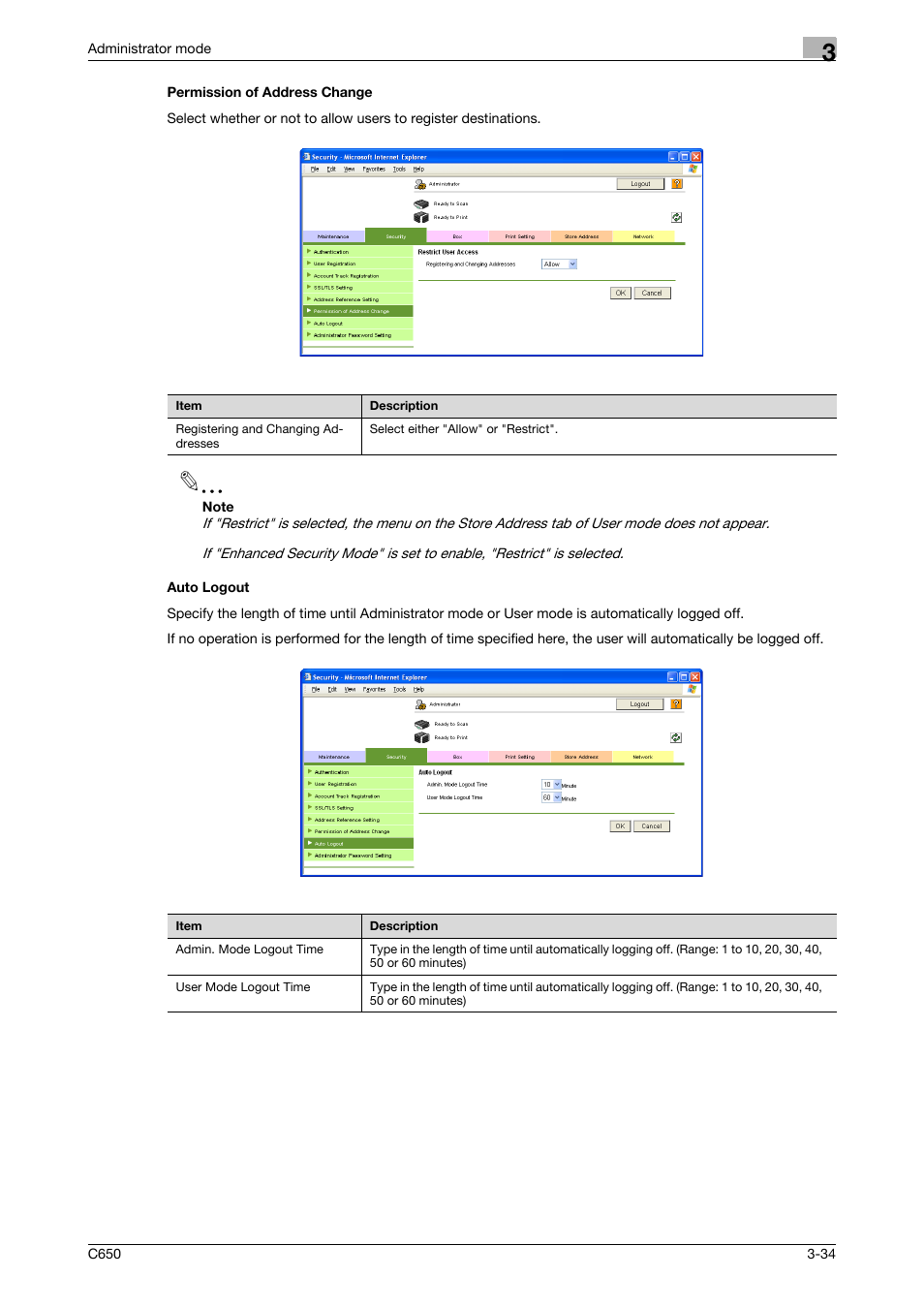 Permission of address change, Auto logout, Permission of address change -34 auto logout -34 | Konica Minolta bizhub C650 User Manual | Page 108 / 165