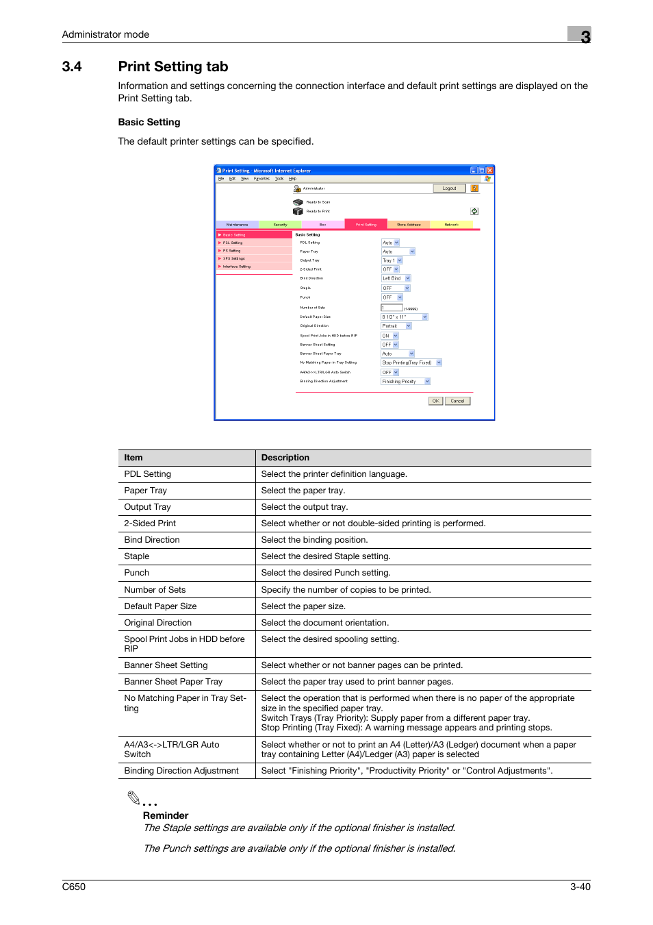 4 print setting tab, Basic setting, Print setting tab -40 basic setting -40 | Konica Minolta bizhub C650 User Manual | Page 114 / 165
