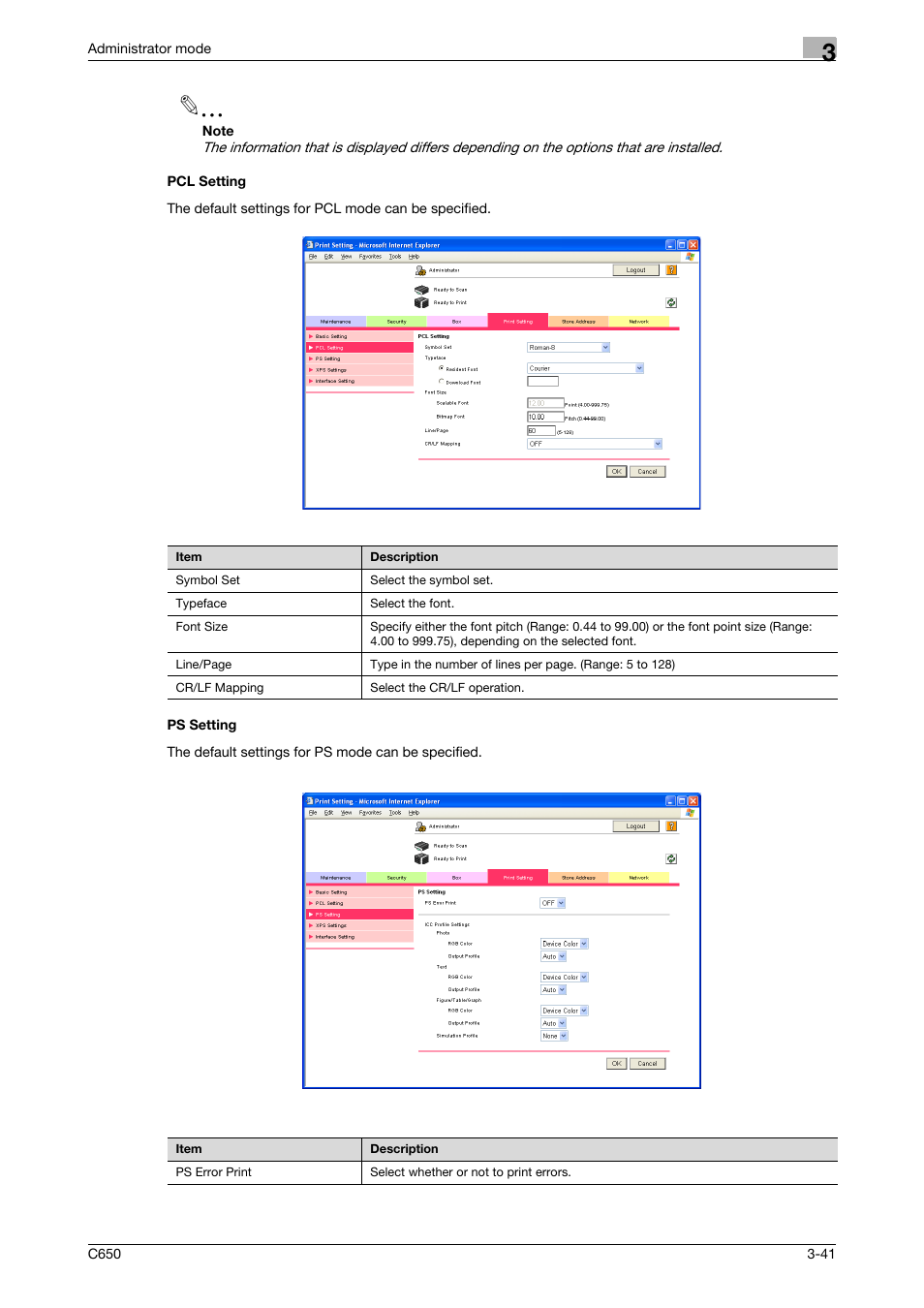 Pcl setting, Ps setting, Pcl setting -41 | Ps setting -41 | Konica Minolta bizhub C650 User Manual | Page 115 / 165