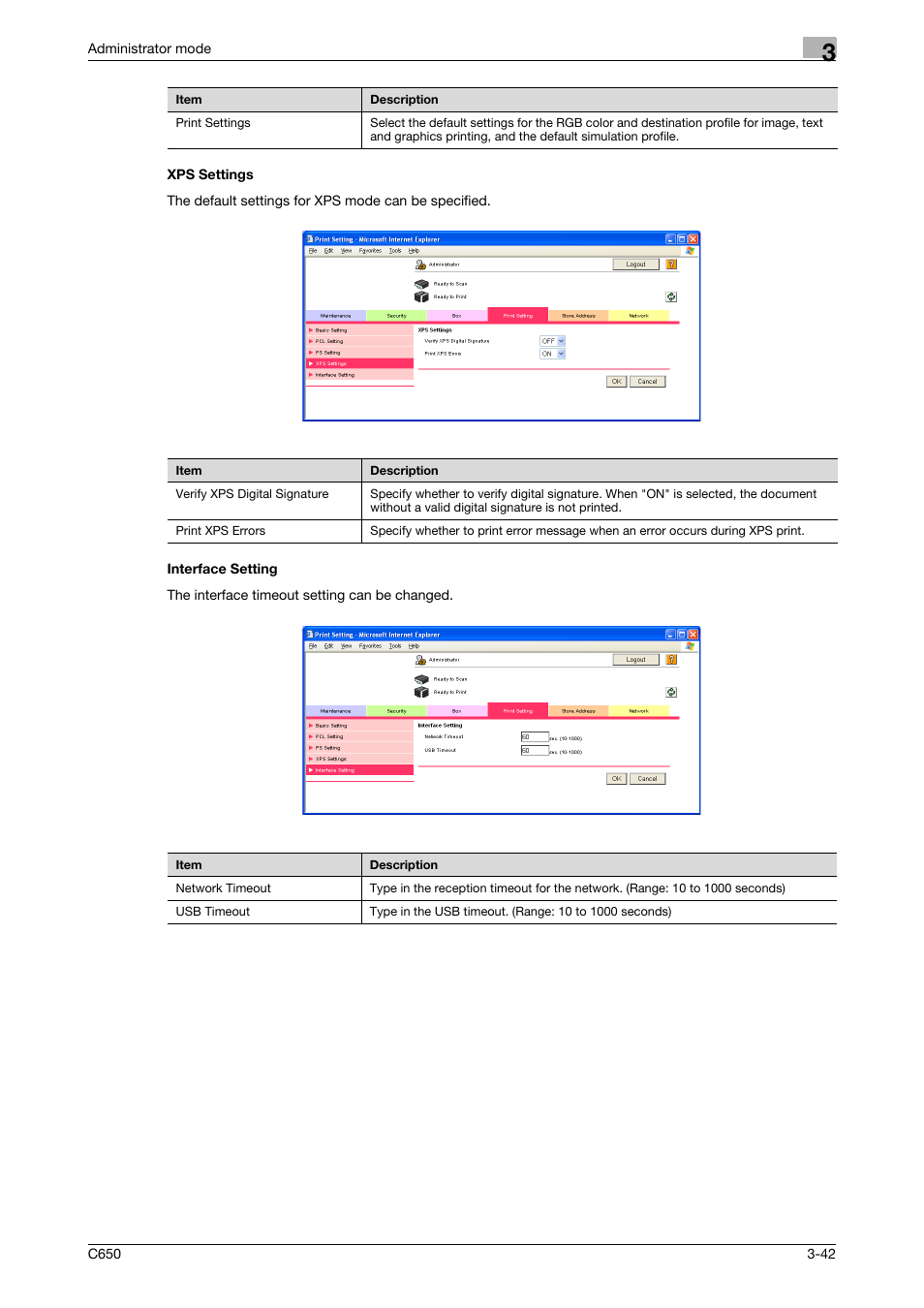 Xps settings, Interface setting, Xps settings -42 interface setting -42 | Konica Minolta bizhub C650 User Manual | Page 116 / 165