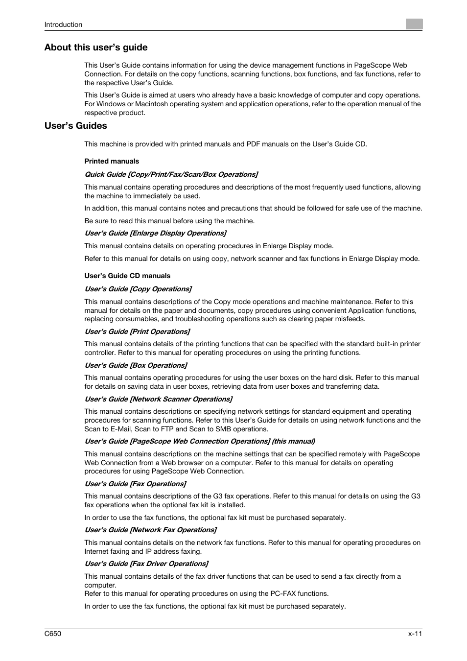 About this user’s guide, User’s guides, Printed manuals | User’s guide cd manuals | Konica Minolta bizhub C650 User Manual | Page 12 / 165
