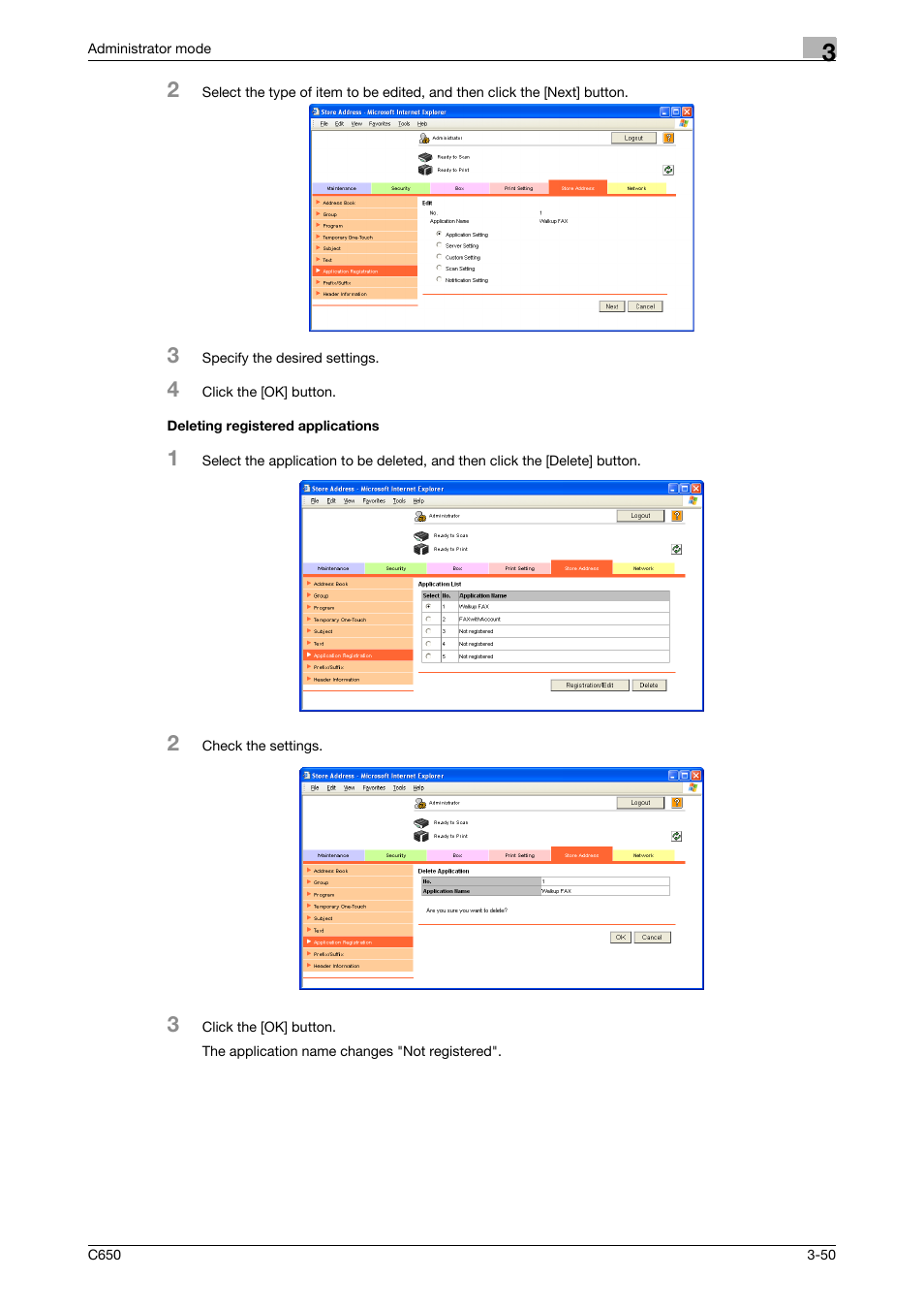 Deleting registered applications, Deleting registered applications -50 | Konica Minolta bizhub C650 User Manual | Page 124 / 165