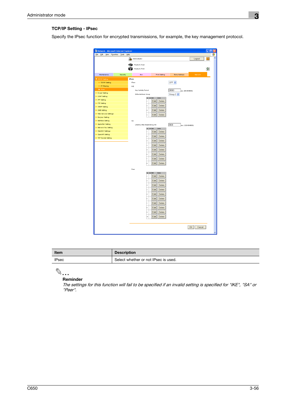 Tcp/ip setting - ipsec, Tcp/ip setting - ipsec -56 | Konica Minolta bizhub C650 User Manual | Page 130 / 165