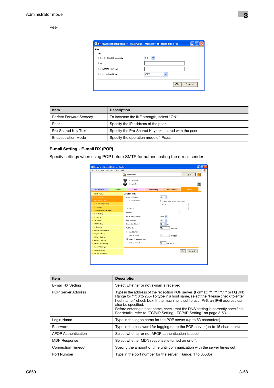 E-mail setting - e-mail rx (pop), E-mail setting - e-mail rx (pop) -58 | Konica Minolta bizhub C650 User Manual | Page 132 / 165