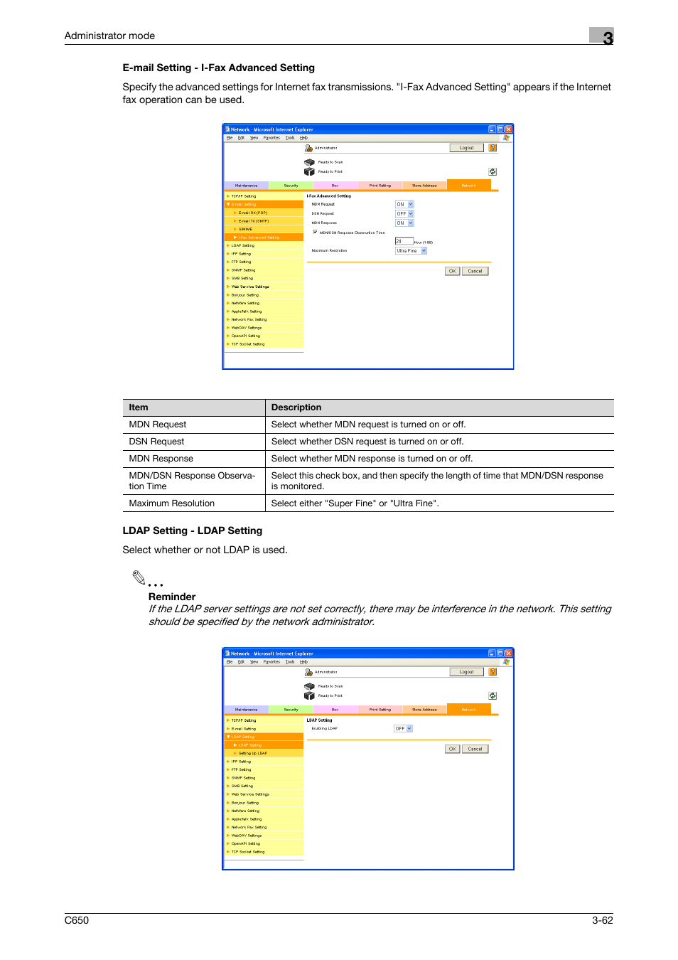 E-mail setting - i-fax advanced setting, Ldap setting - ldap setting | Konica Minolta bizhub C650 User Manual | Page 136 / 165