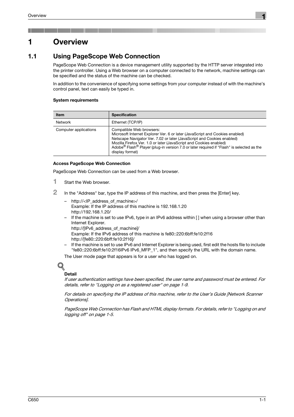 1 overview, System requirements, Overview | 1overview, 1 using pagescope web connection | Konica Minolta bizhub C650 User Manual | Page 14 / 165
