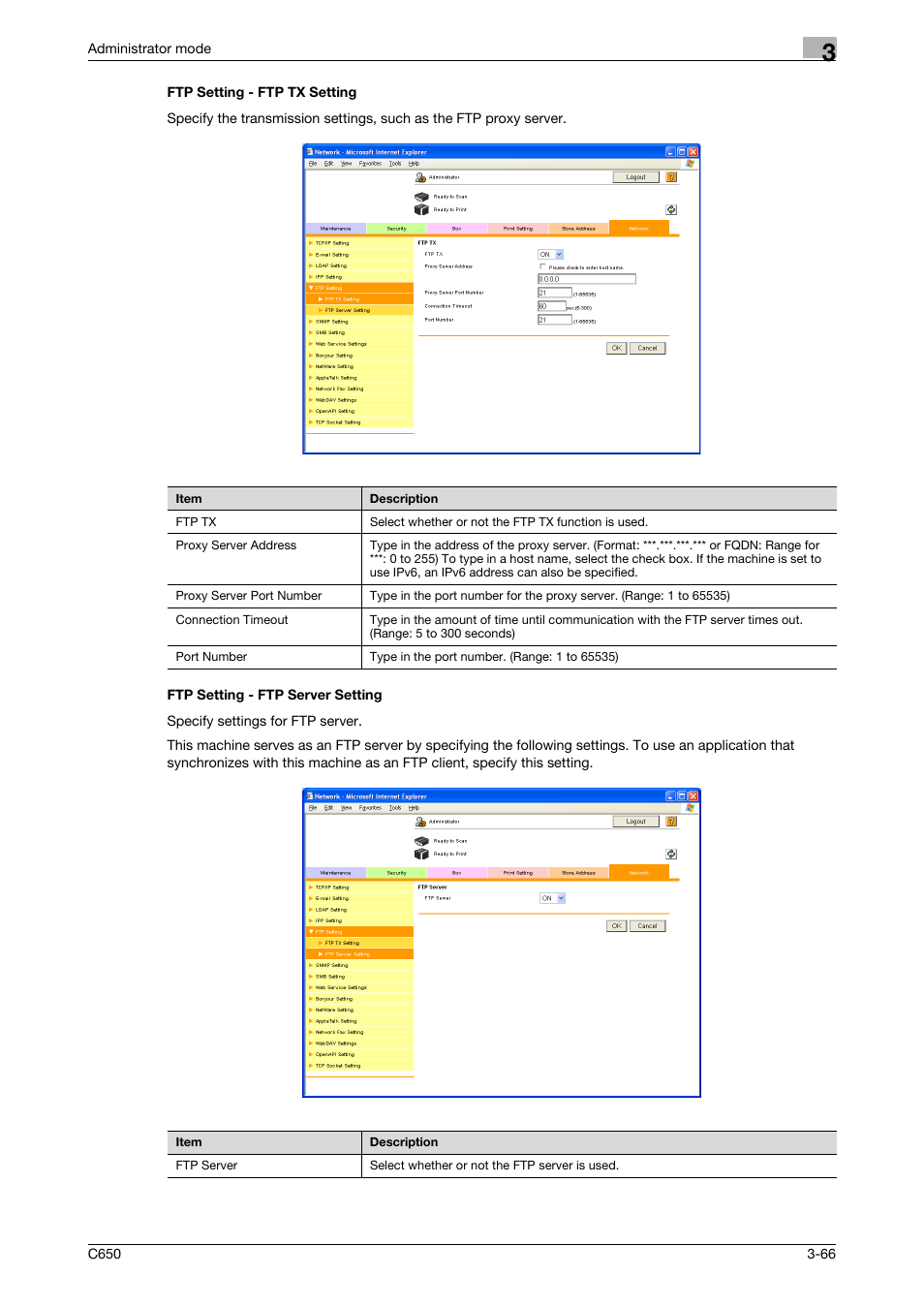 Ftp setting - ftp tx setting, Ftp setting - ftp server setting | Konica Minolta bizhub C650 User Manual | Page 140 / 165